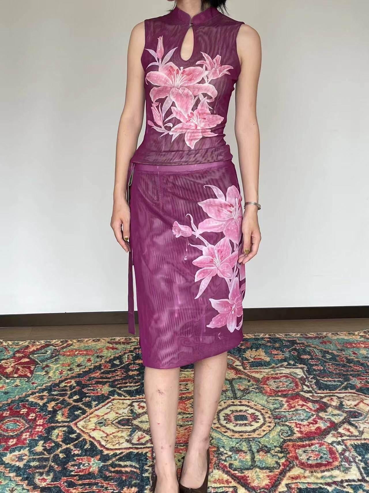 Wet Tail Elegant Chinese Floral Print Slim Fit Mid Waist Women Casual Travel Maxi Skirts