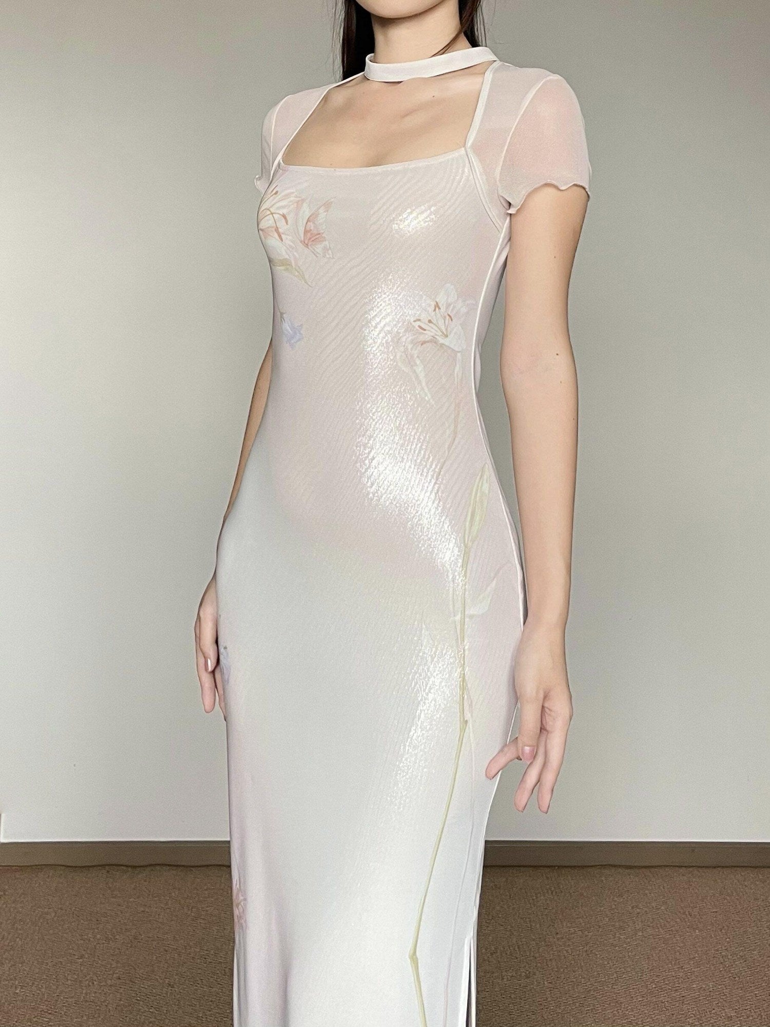 Wet Tail Elegant Pink Mesh Cheongsam Short Sleeve Slim Fit Wedding Bodycon Maxi Dresses