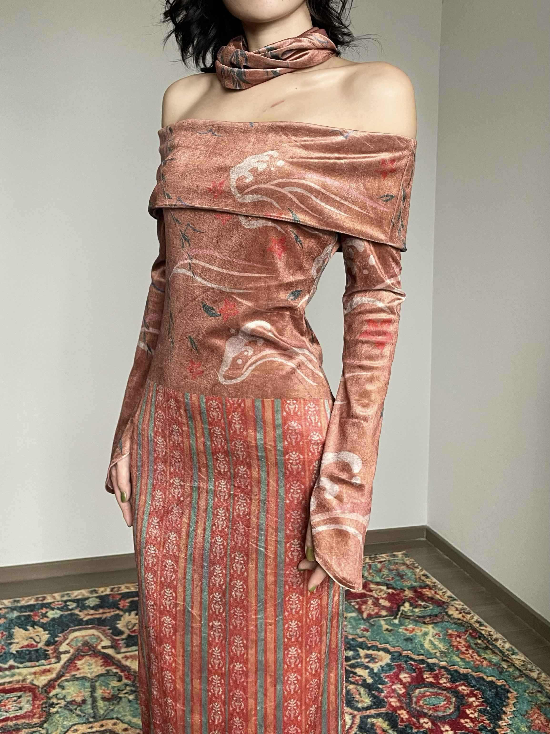 Wet Tail Elegant Velvet Wrap Long Sleeve Bardot Women Cheongsam Casual Maxi Dresses