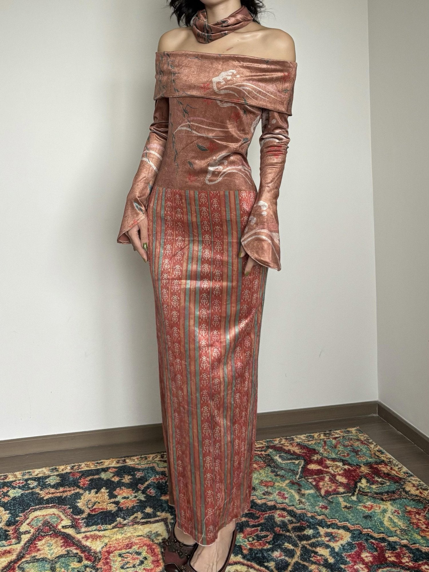 Wet Tail Elegant Velvet Wrap Long Sleeve Bardot Women Cheongsam Casual Maxi Dresses