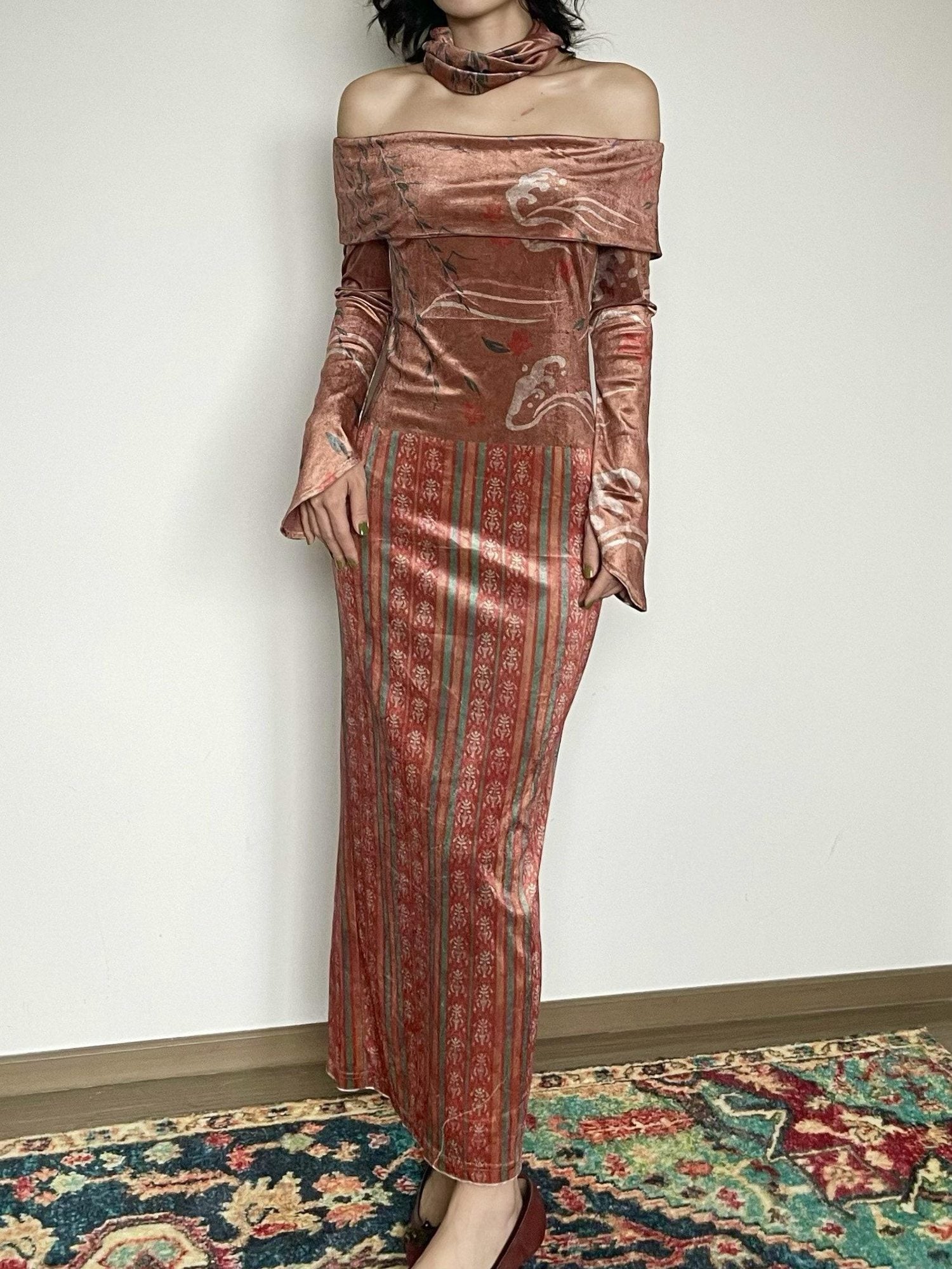 Wet Tail Elegant Velvet Wrap Long Sleeve Bardot Women Cheongsam Casual Maxi Dresses