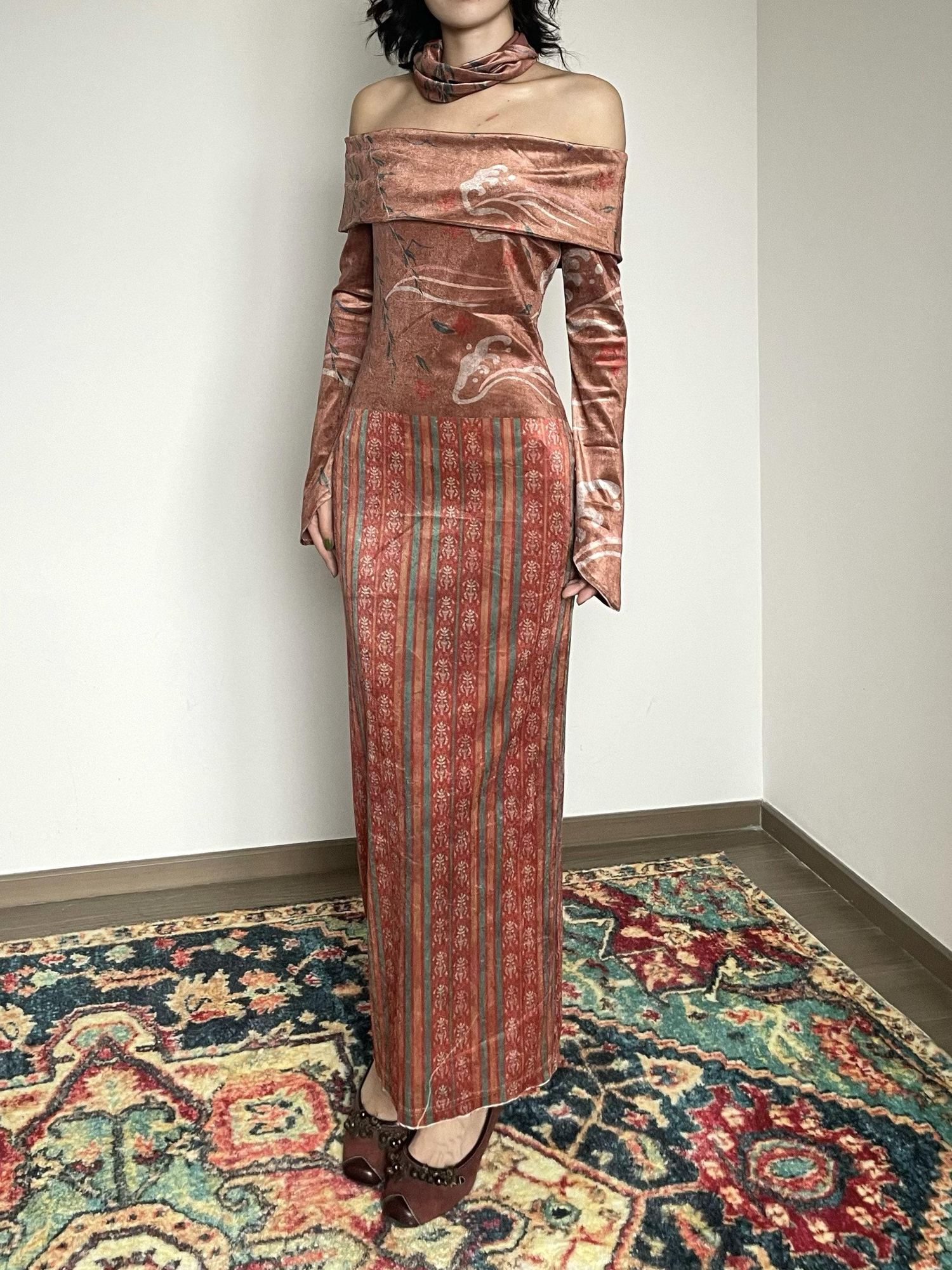 Wet Tail Elegant Velvet Wrap Long Sleeve Bardot Women Cheongsam Casual Maxi Dresses