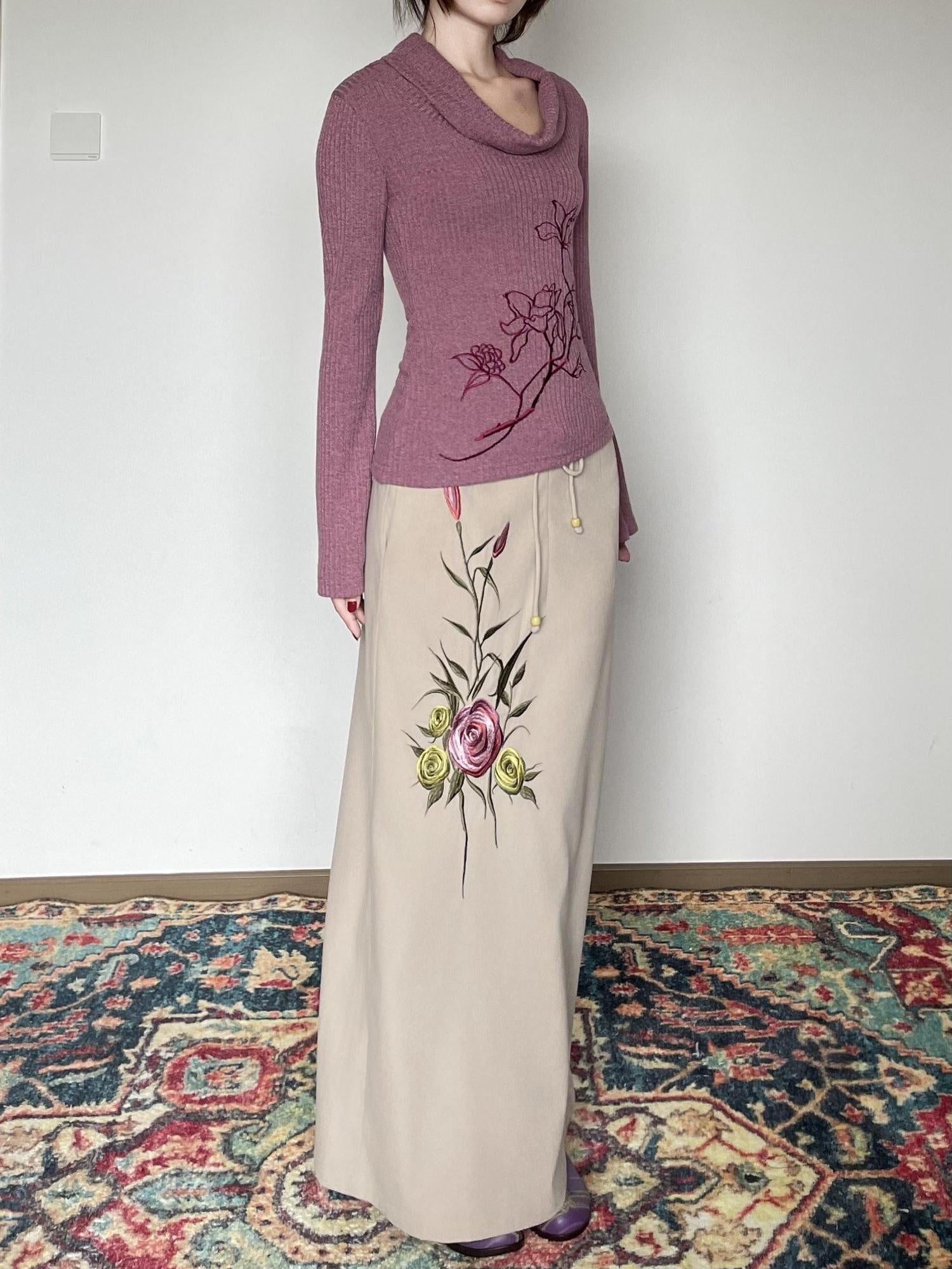 Wet Tail Embroidered Drawstring Retro Mid Waist Straight Khaki Women Maxi Skirts