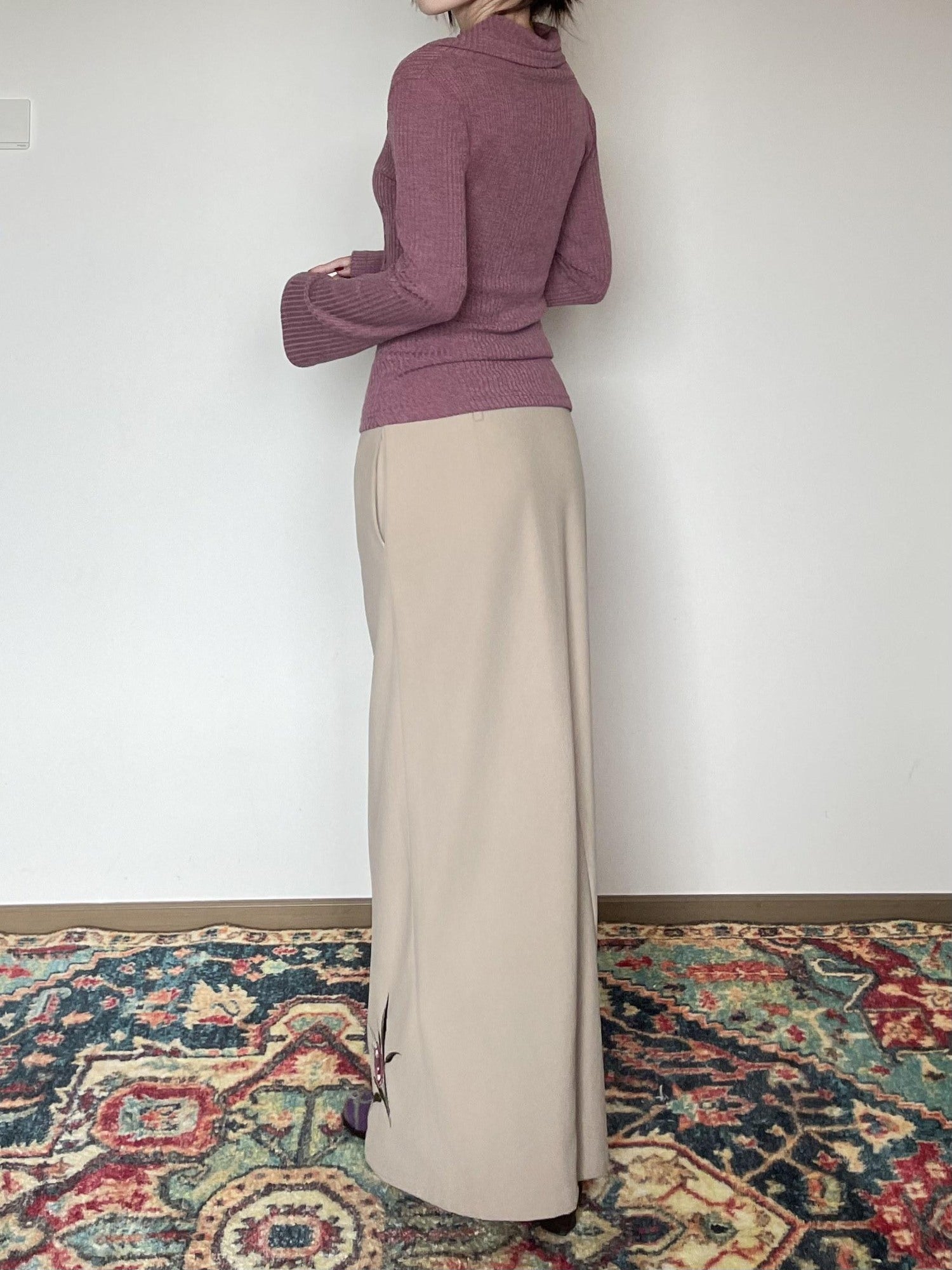 Wet Tail Embroidered Drawstring Retro Mid Waist Straight Khaki Women Maxi Skirts