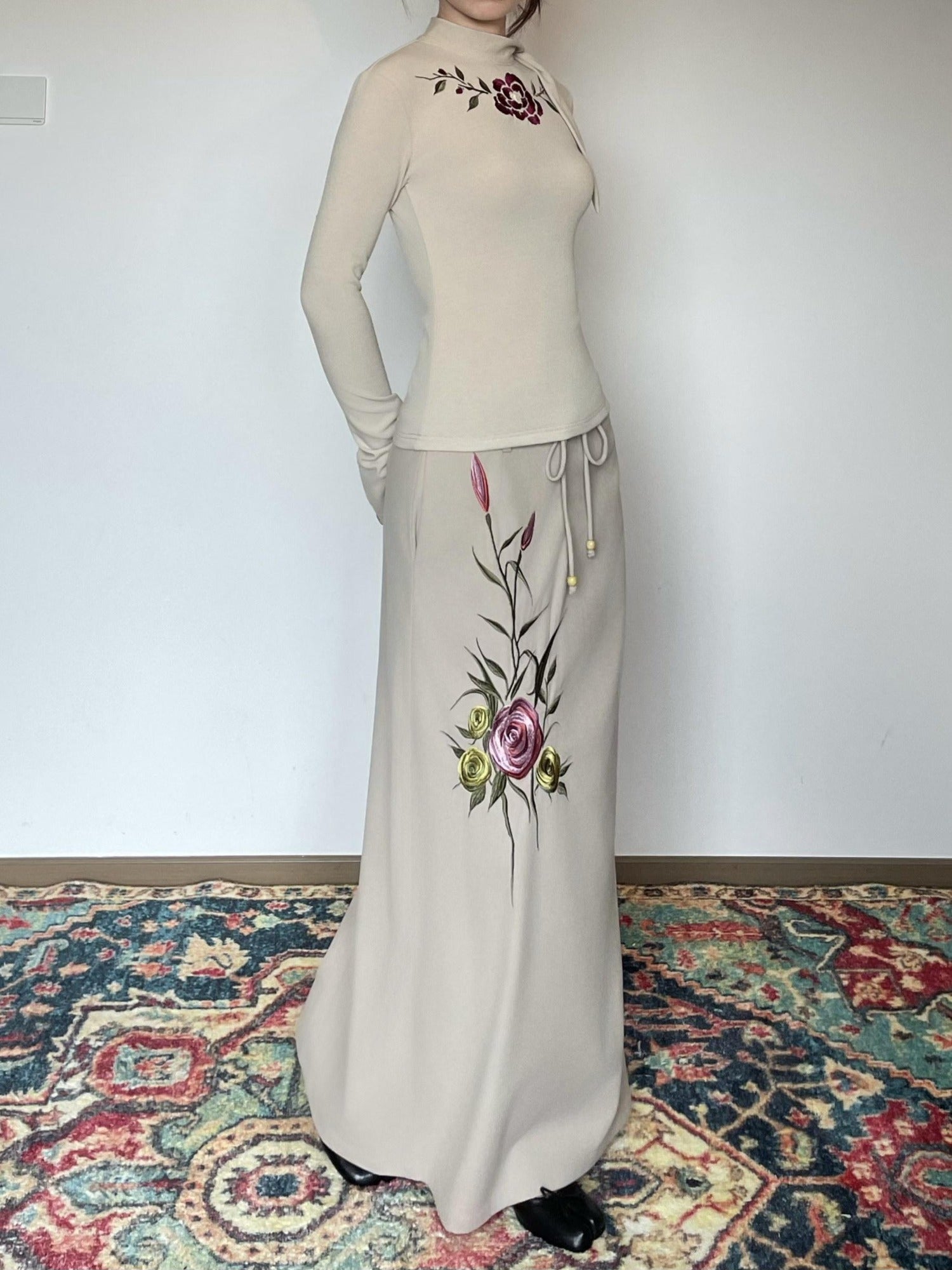 Wet Tail Embroidered Drawstring Retro Mid Waist Straight Khaki Women Maxi Skirts