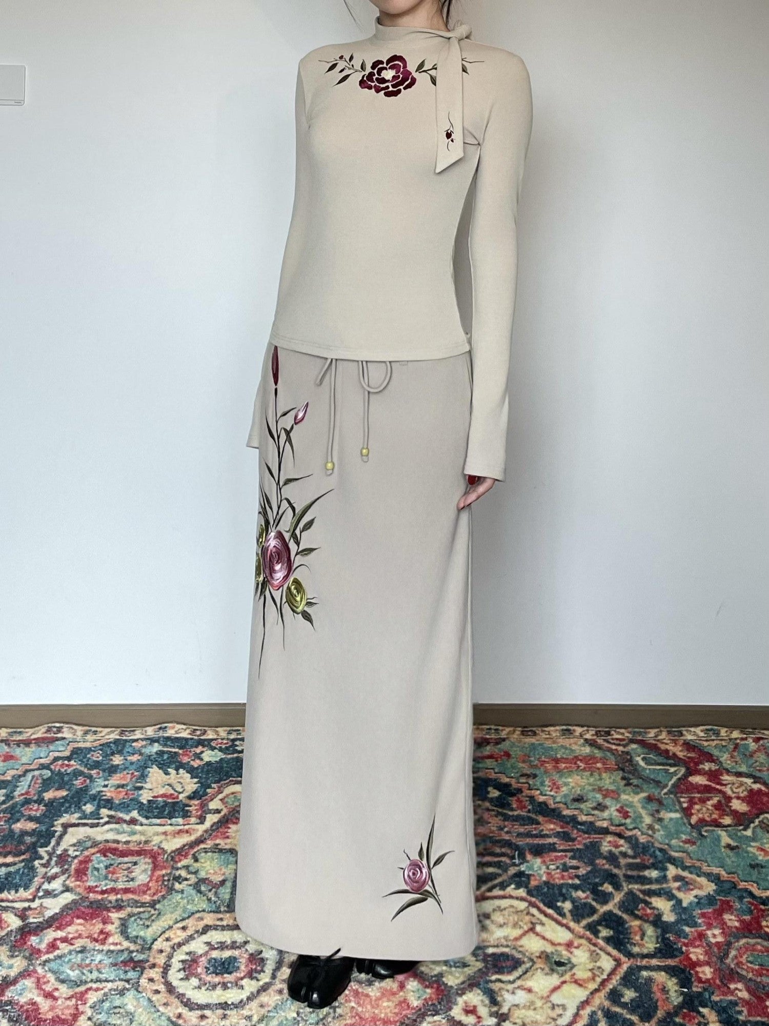 Wet Tail Embroidered Drawstring Retro Mid Waist Straight Khaki Women Maxi Skirts