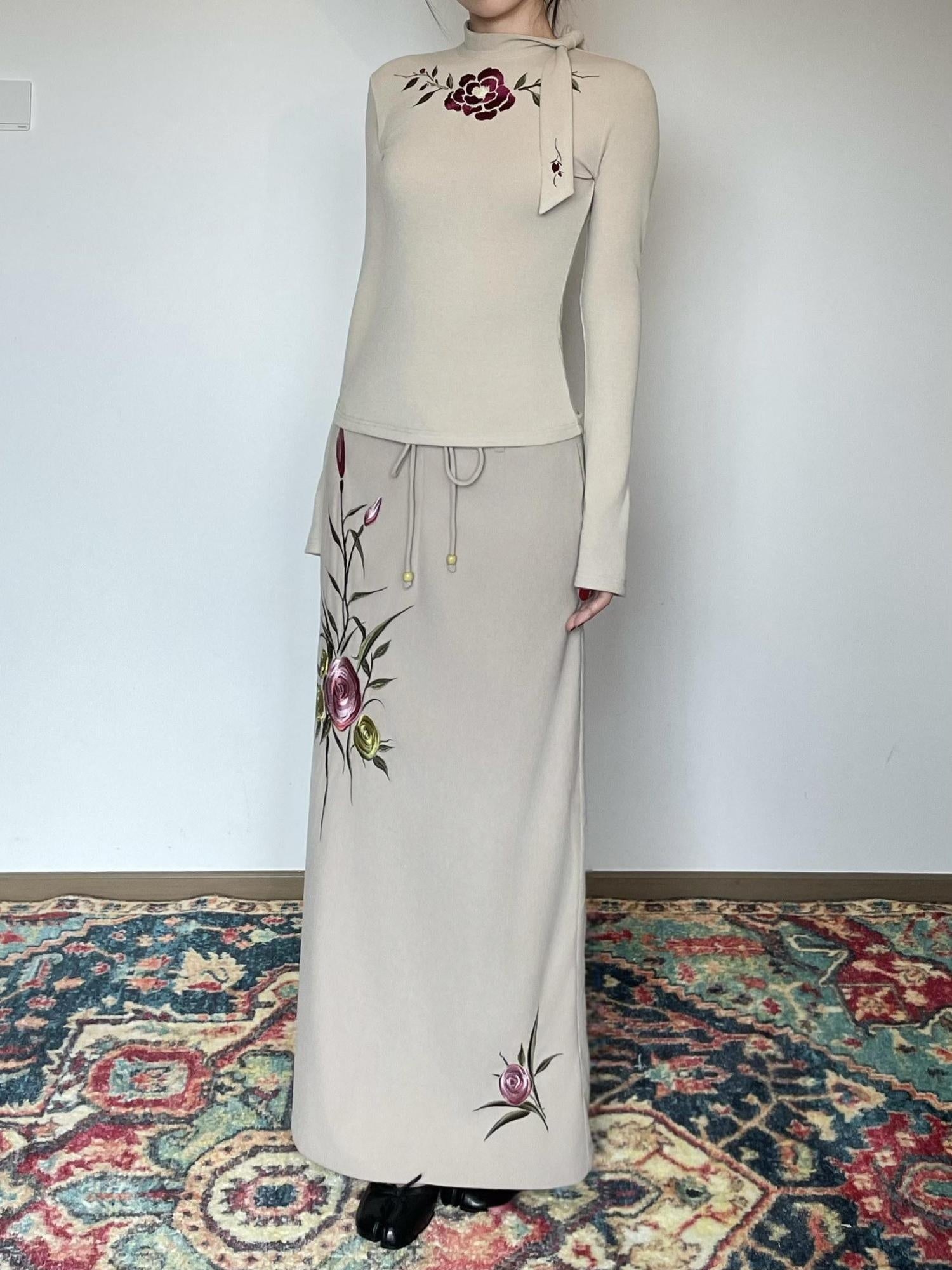Wet Tail Embroidered Drawstring Retro Mid Waist Straight Khaki Women Maxi Skirts
