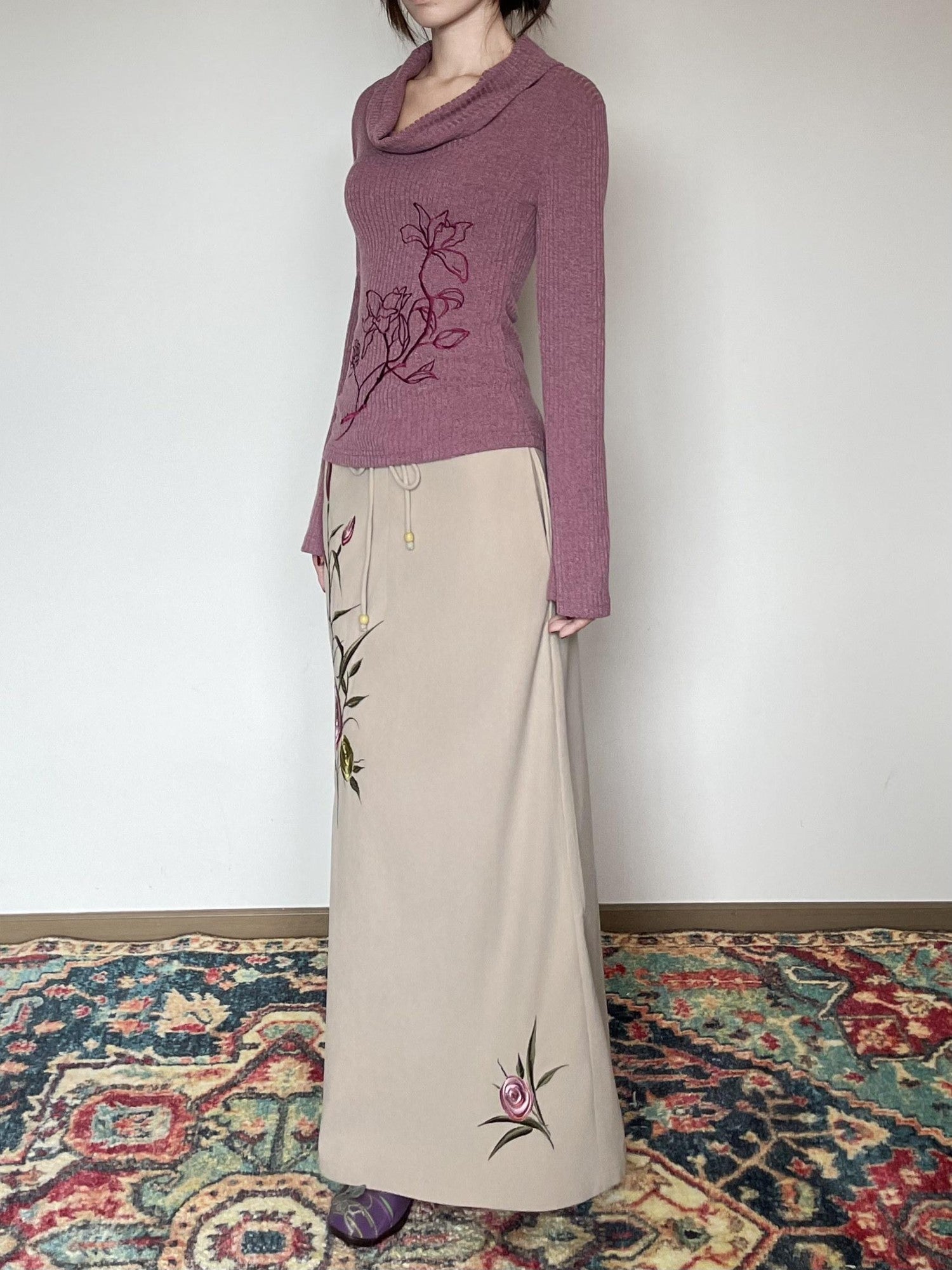 Wet Tail Embroidered Drawstring Retro Mid Waist Straight Khaki Women Maxi Skirts