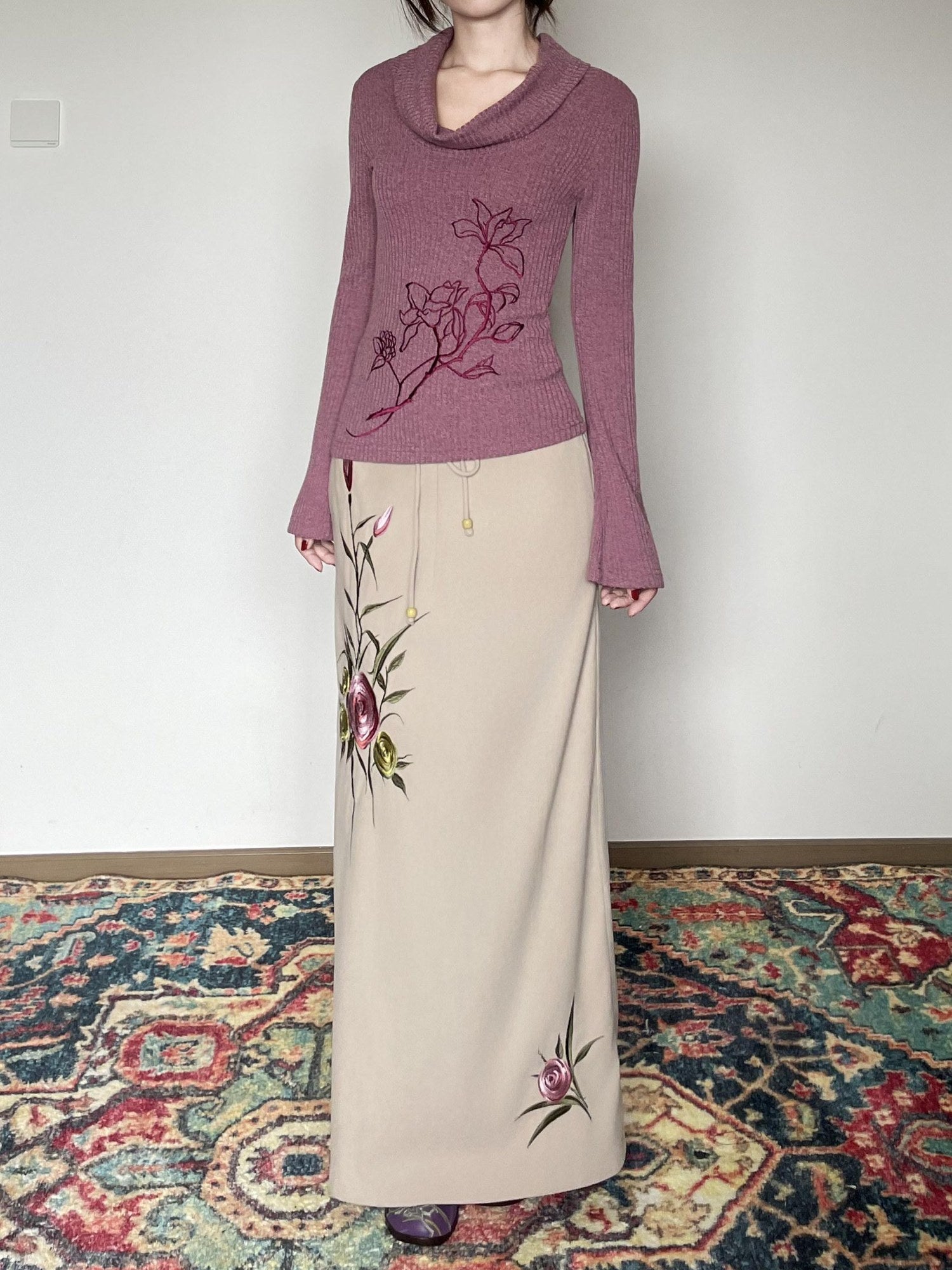 Wet Tail Embroidered Drawstring Retro Mid Waist Straight Khaki Women Maxi Skirts