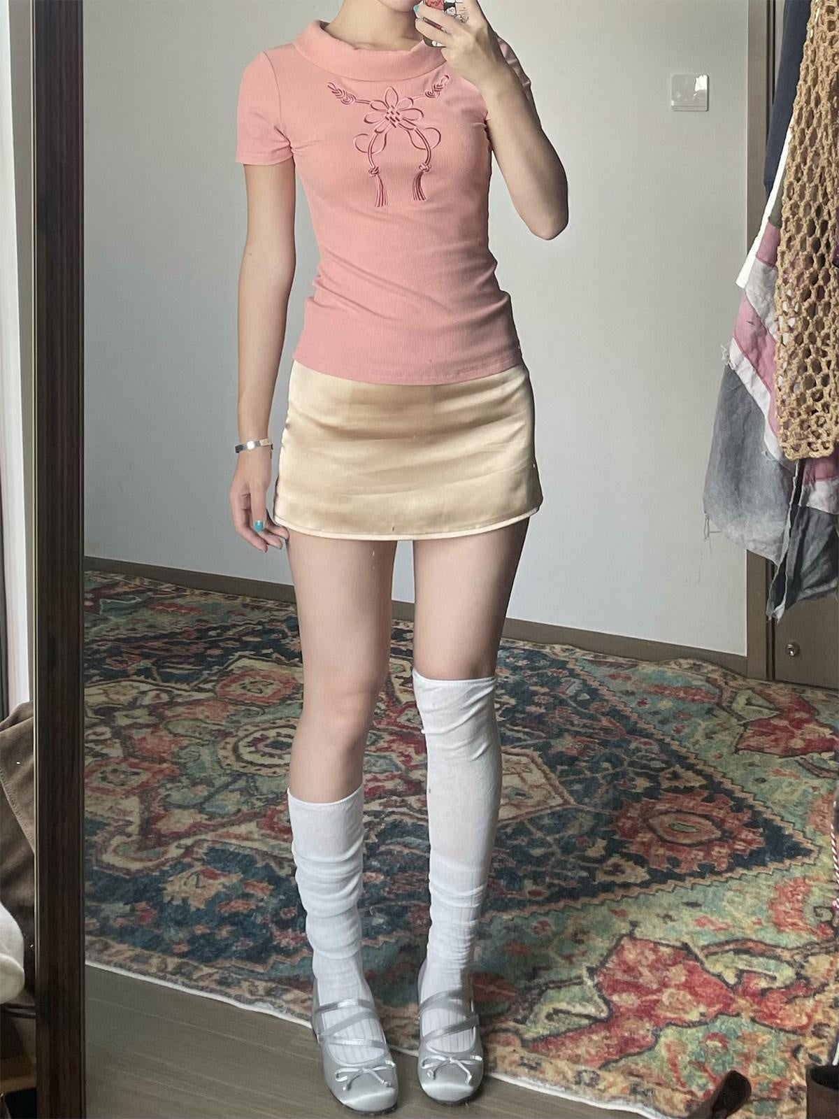 Wet Tail Gold Stretch Low Rise Heiress Luxe A Line Straight Cut Women Travel Mini Skirts