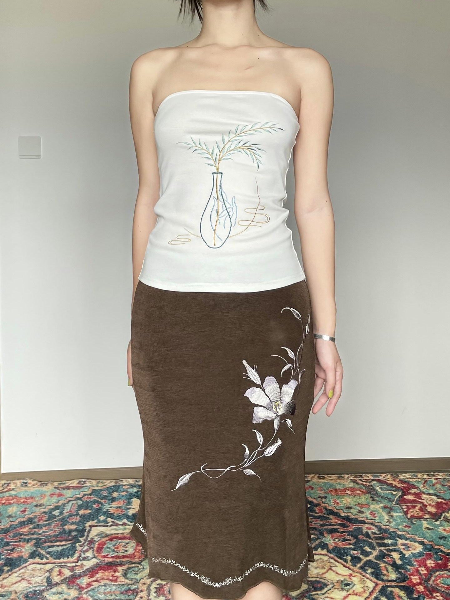 Wet Tail High Waist Embroidered Slim Work Pencil Womens Polyester Bodycon Skirts