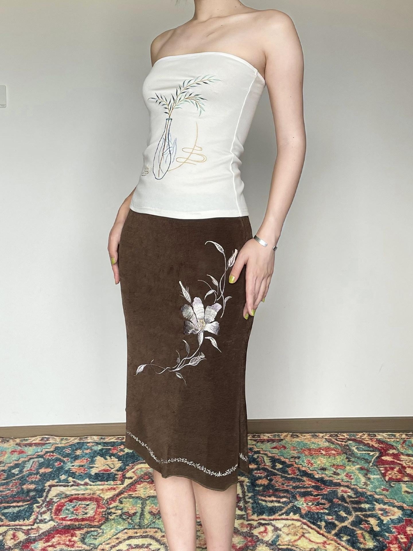Wet Tail High Waist Embroidered Slim Work Pencil Womens Polyester Bodycon Skirts