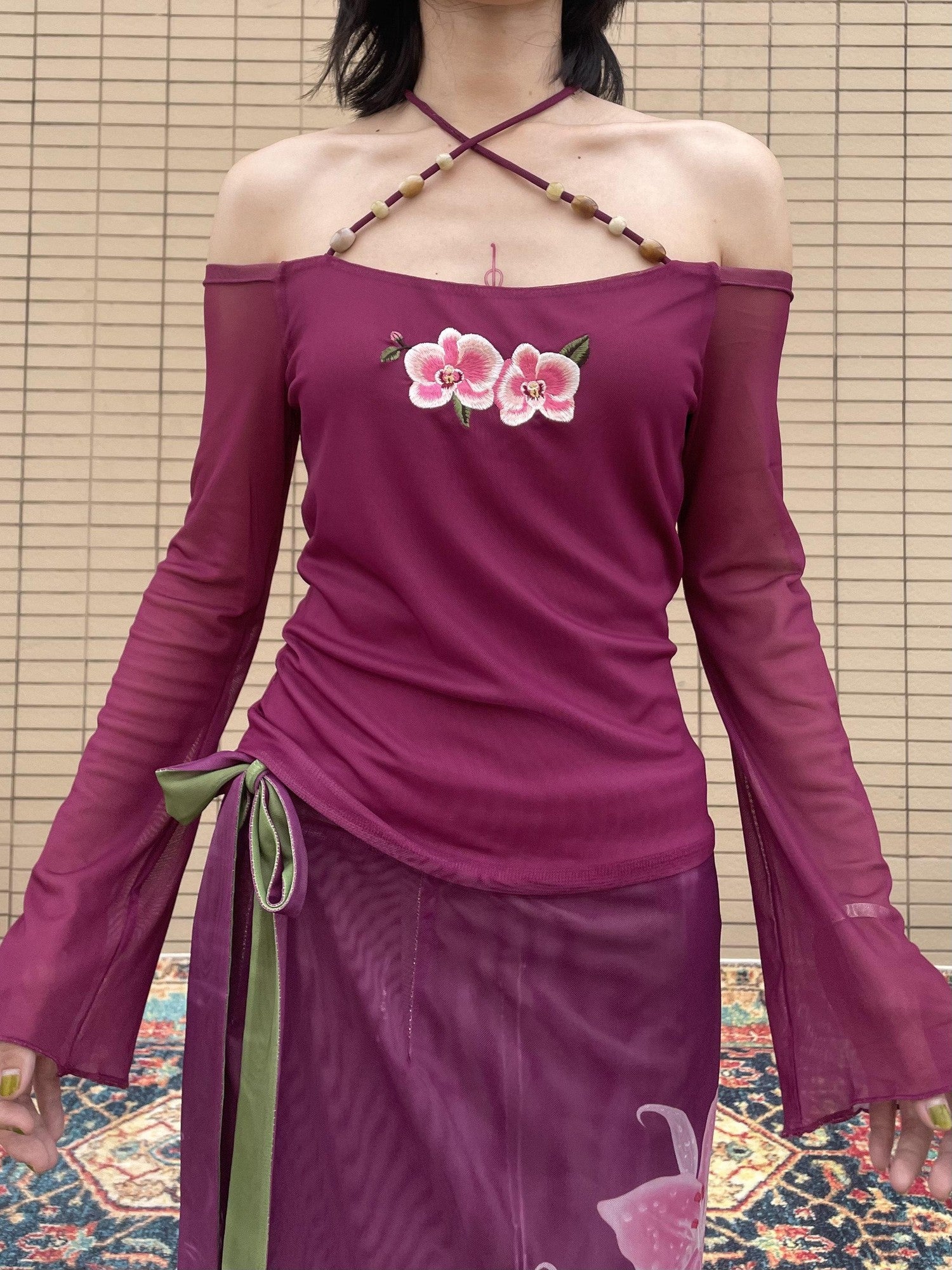 Wet Tail Magenta Orchid Embroidery Beaded One Shoulder Women&