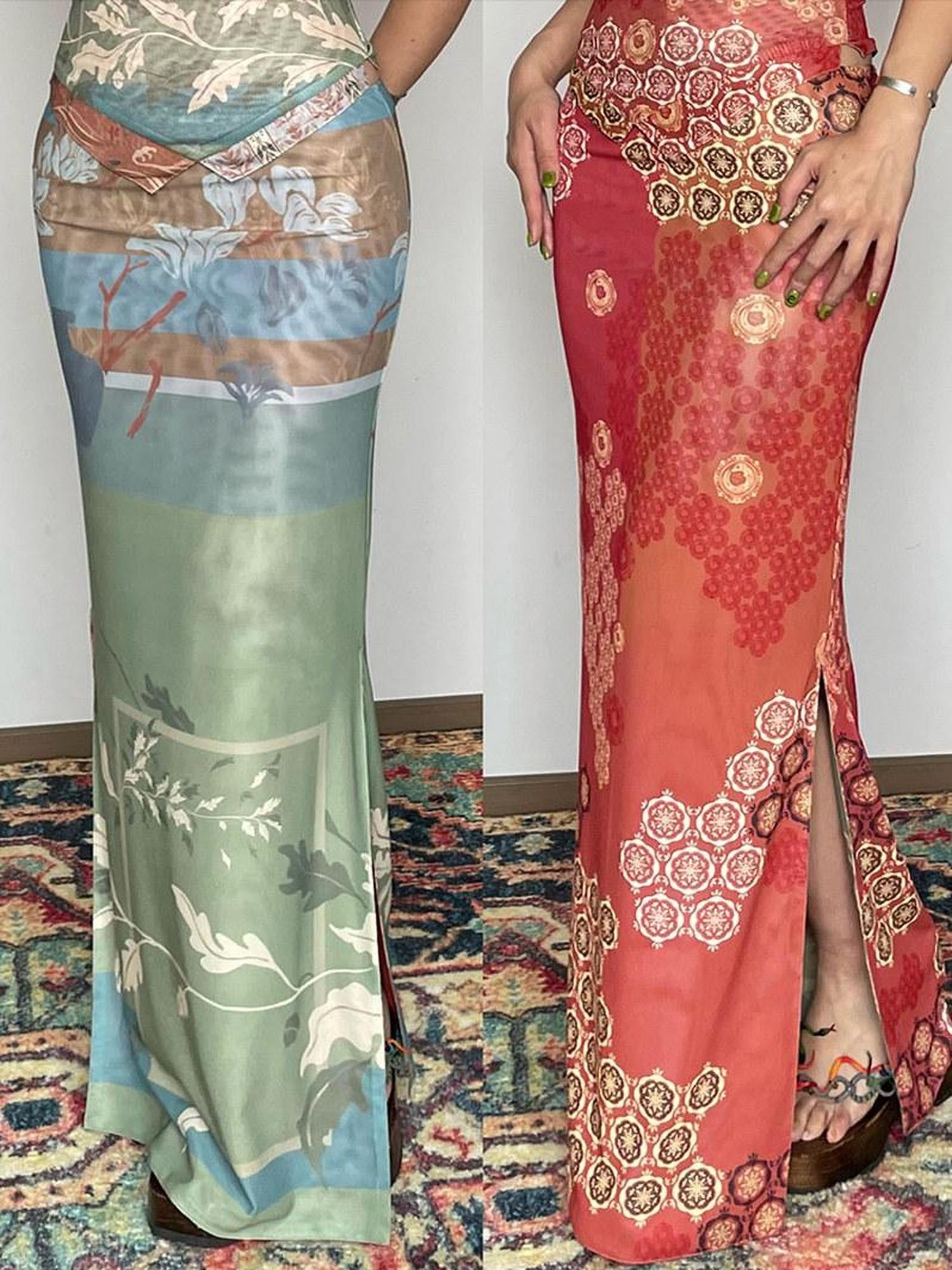 Wet Tail Reversible Cheongsam Printed Slim Mid Waist Mermaid Women Maxi Skirts