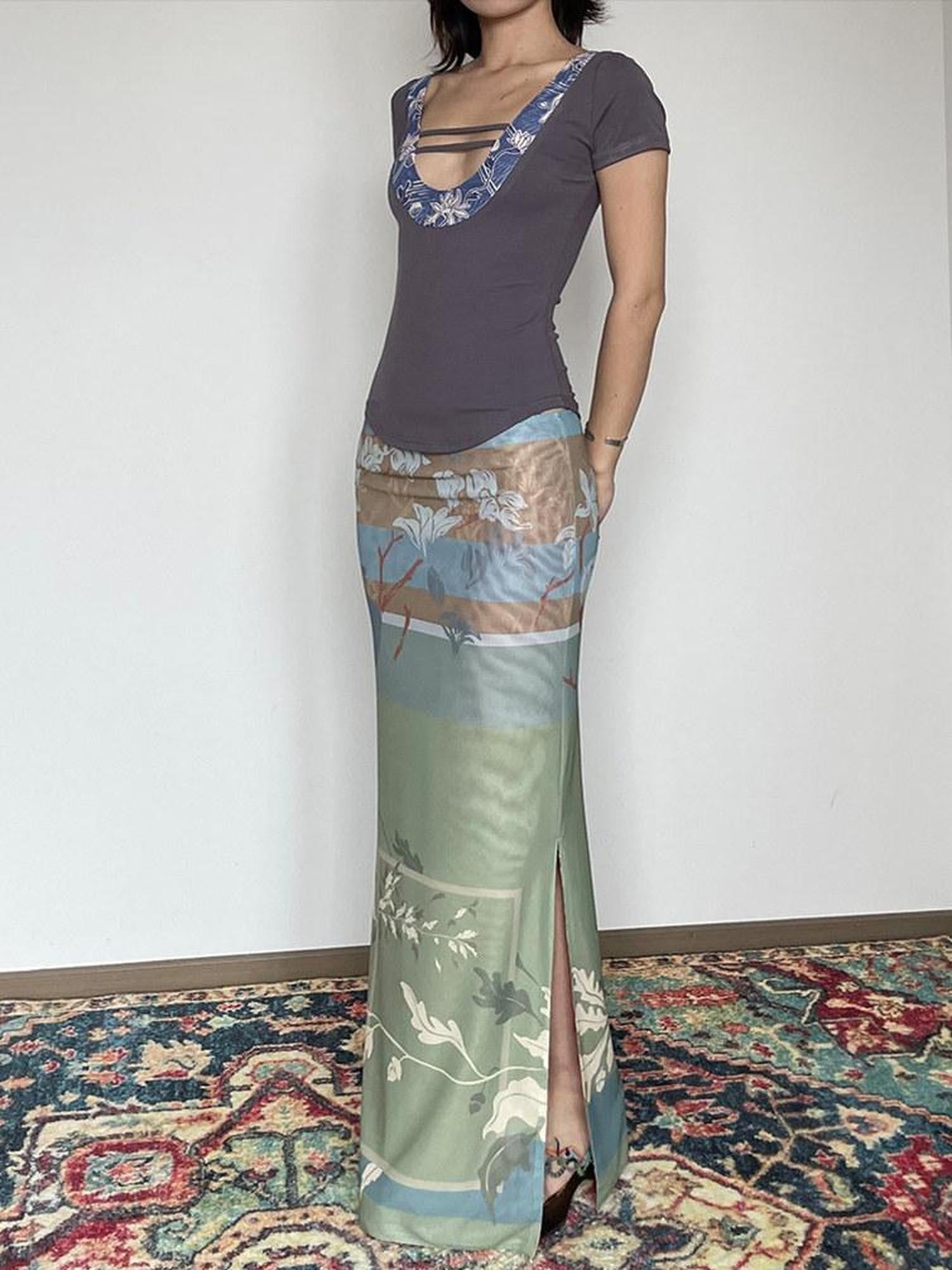 Wet Tail Reversible Cheongsam Printed Slim Mid Waist Mermaid Women Maxi Skirts