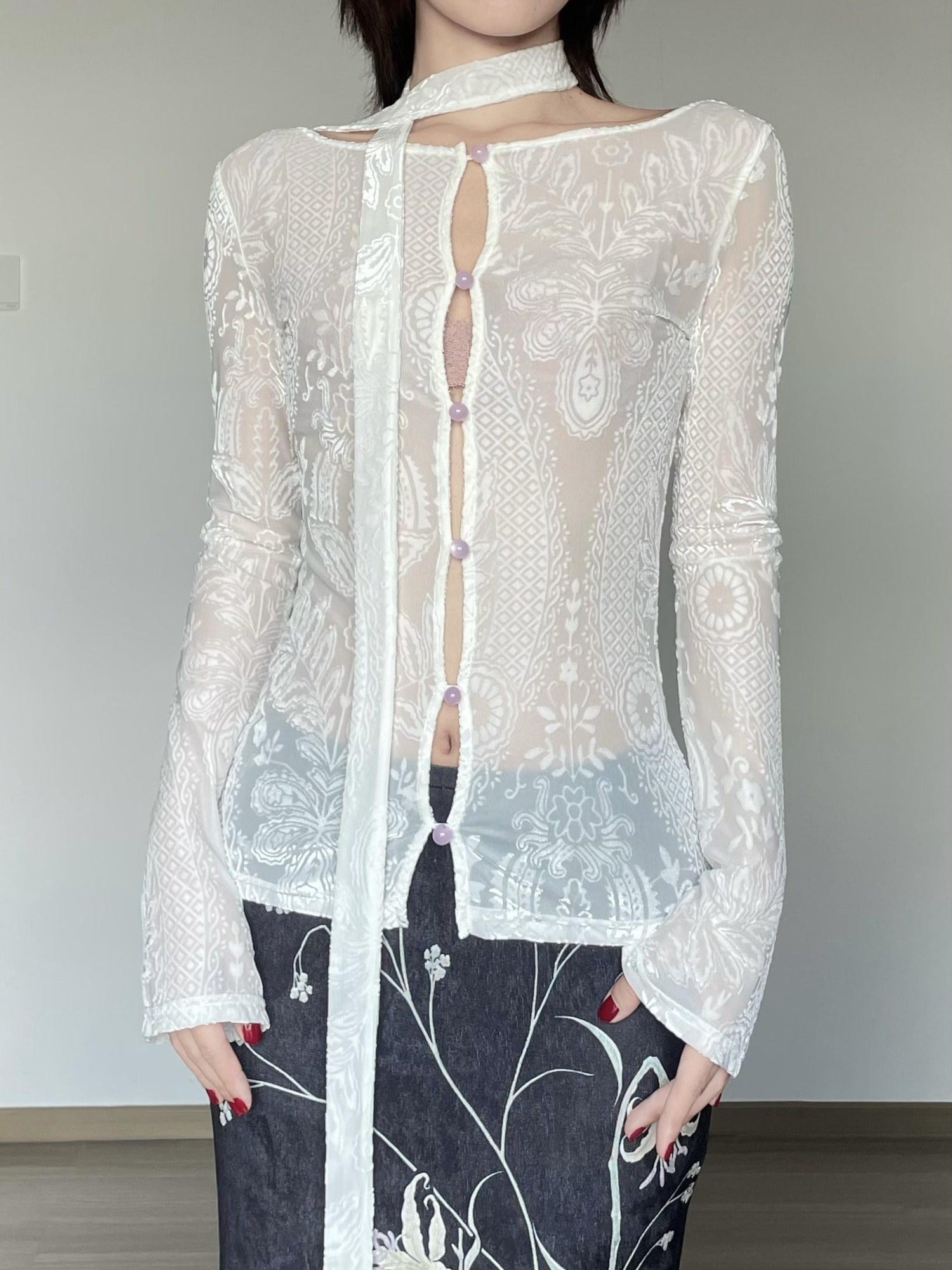 Wet Tail Slim Fit Square Neck White Polyester Pullover Long Sleeve T-Shirts