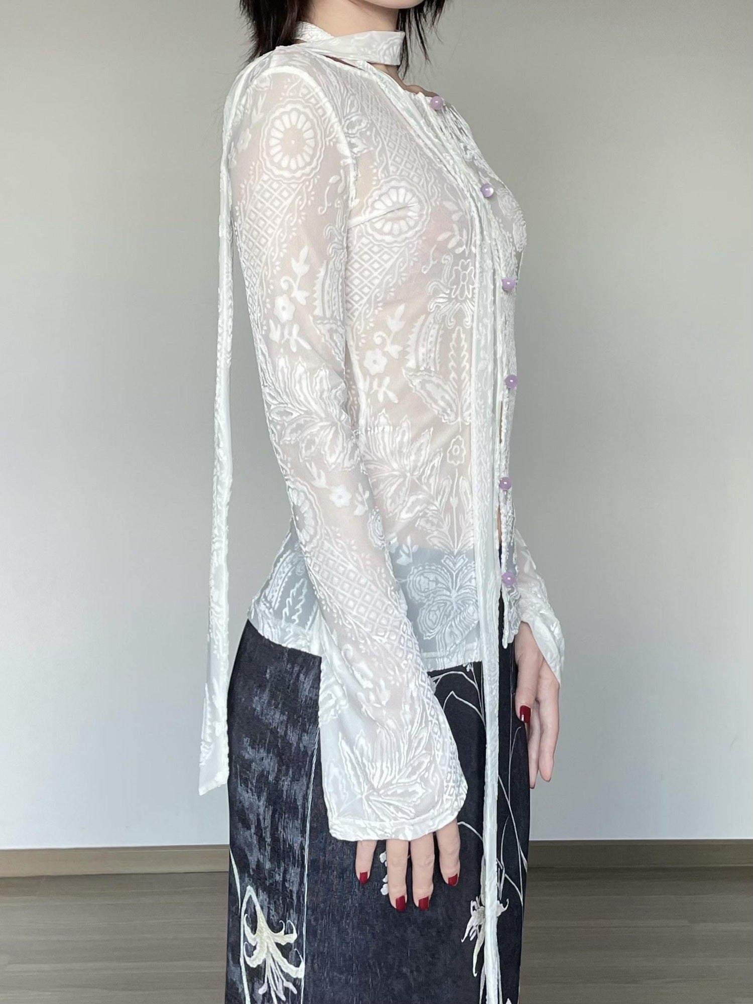 Wet Tail Slim Fit Square Neck White Polyester Pullover Long Sleeve T-Shirts