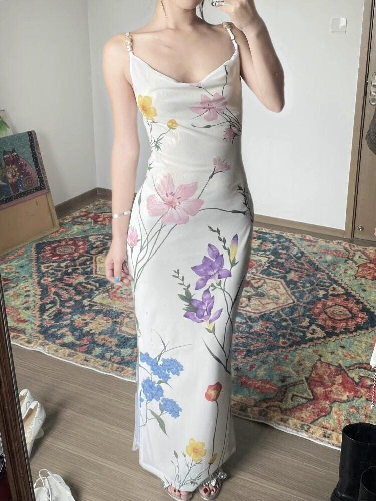 Wet Tail Slimming Elegant High Waist Floral Strappy Prom Cheongsam Bodycon Maxi Dresses