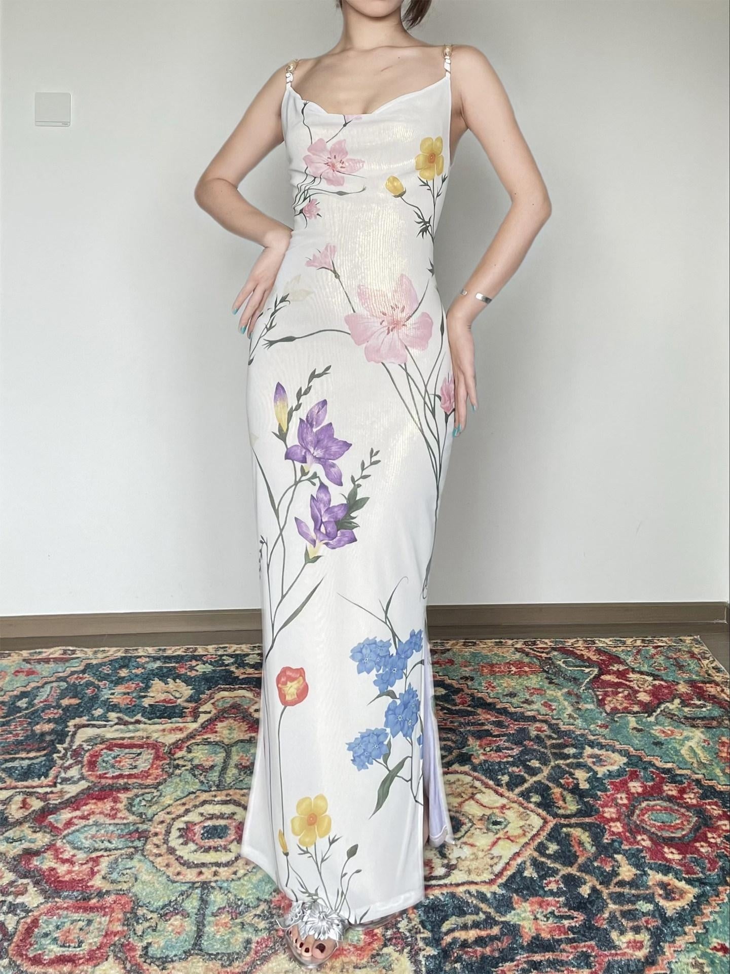 Wet Tail Slimming Elegant High Waist Floral Strappy Prom Cheongsam Bodycon Maxi Dresses