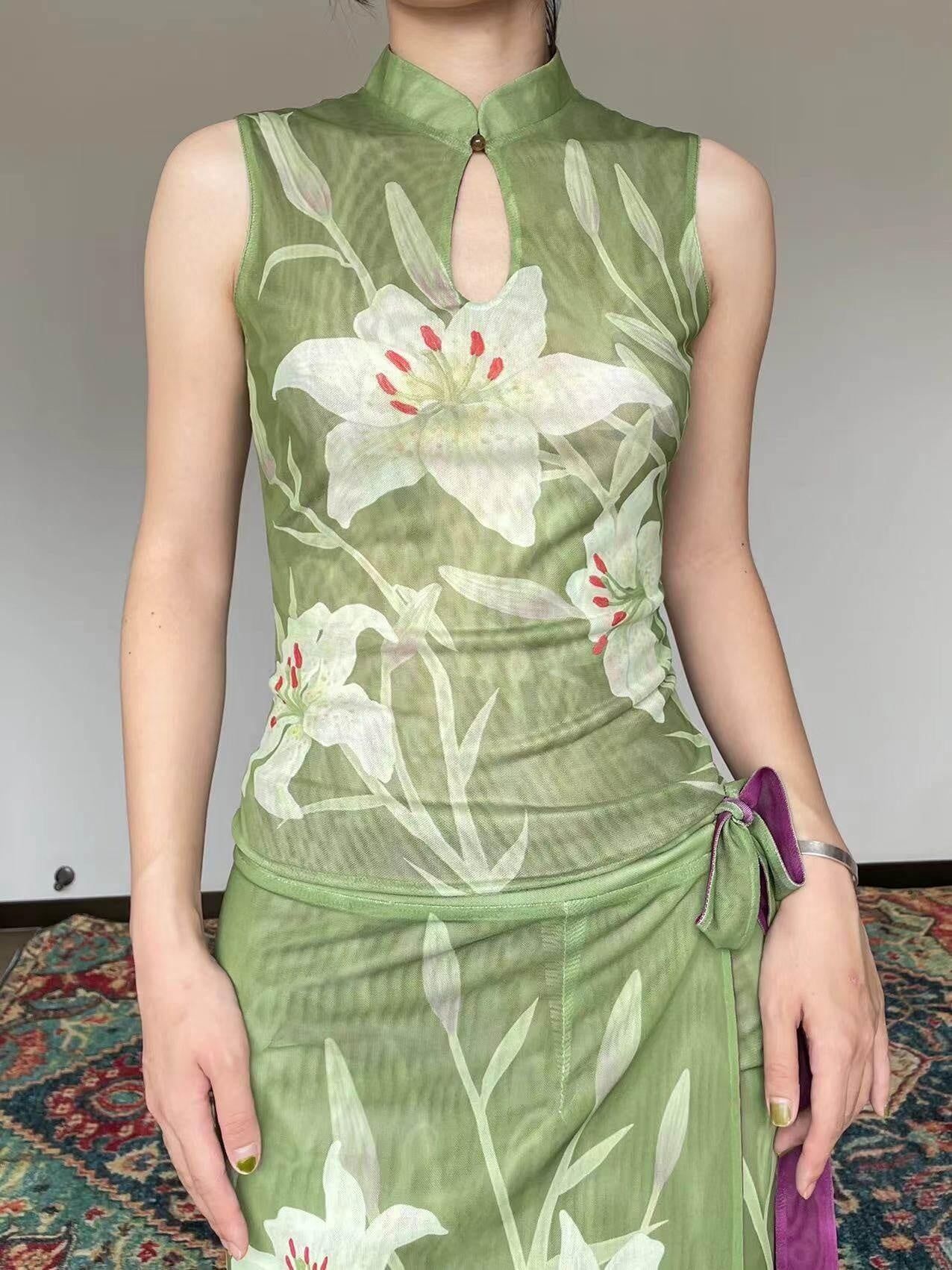 Wet Tail Stretch Slim Artistic Short Cheongsam Round Neck Young Women Tank Tops