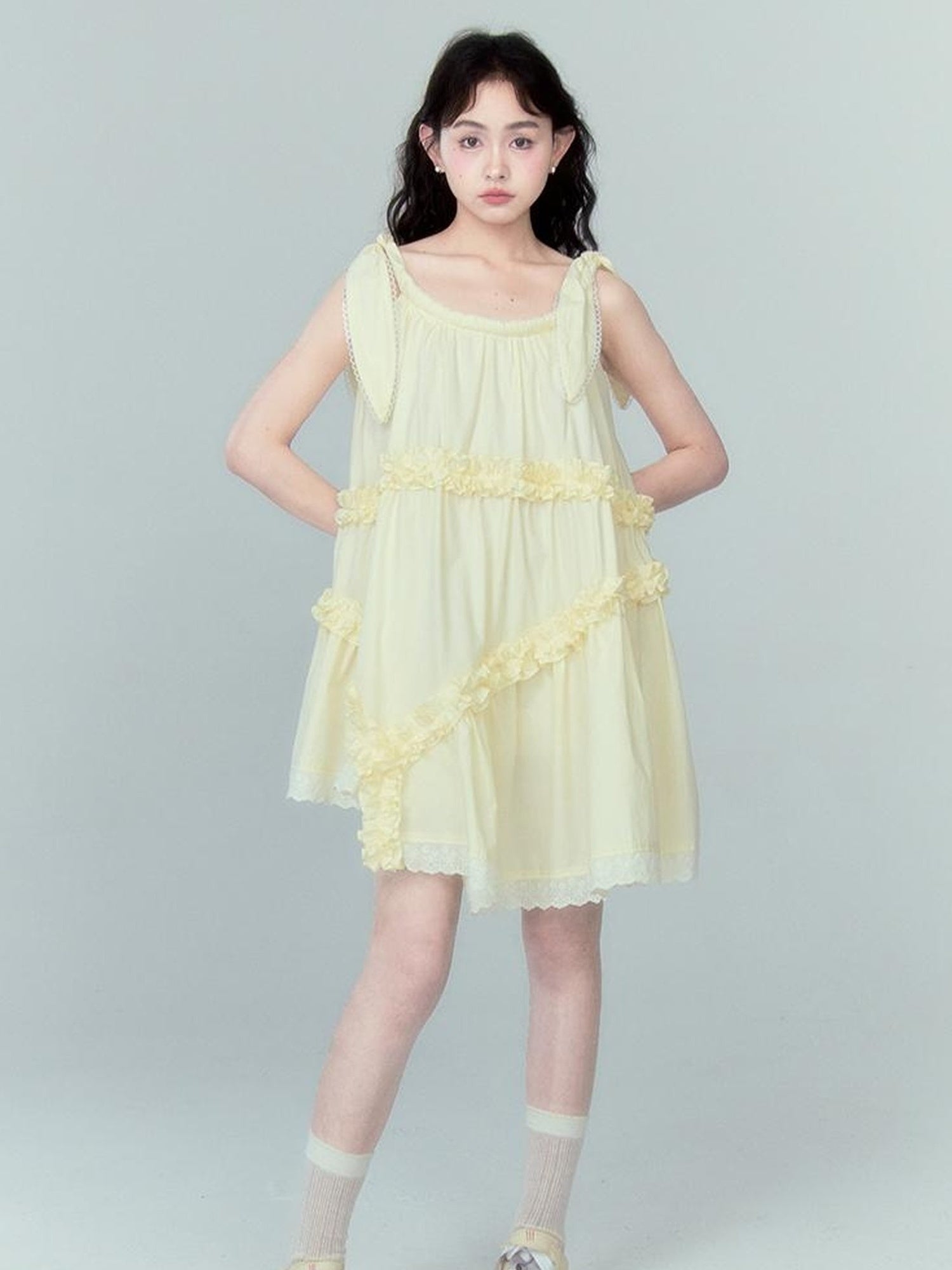 DIDDI MODA Whimsy Bunny Ear Ruffled Pinafore Dress