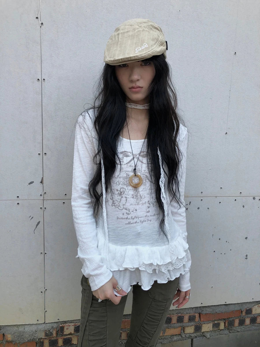 Layered Floral Print Ruffle Hem Long Sleeve Tee