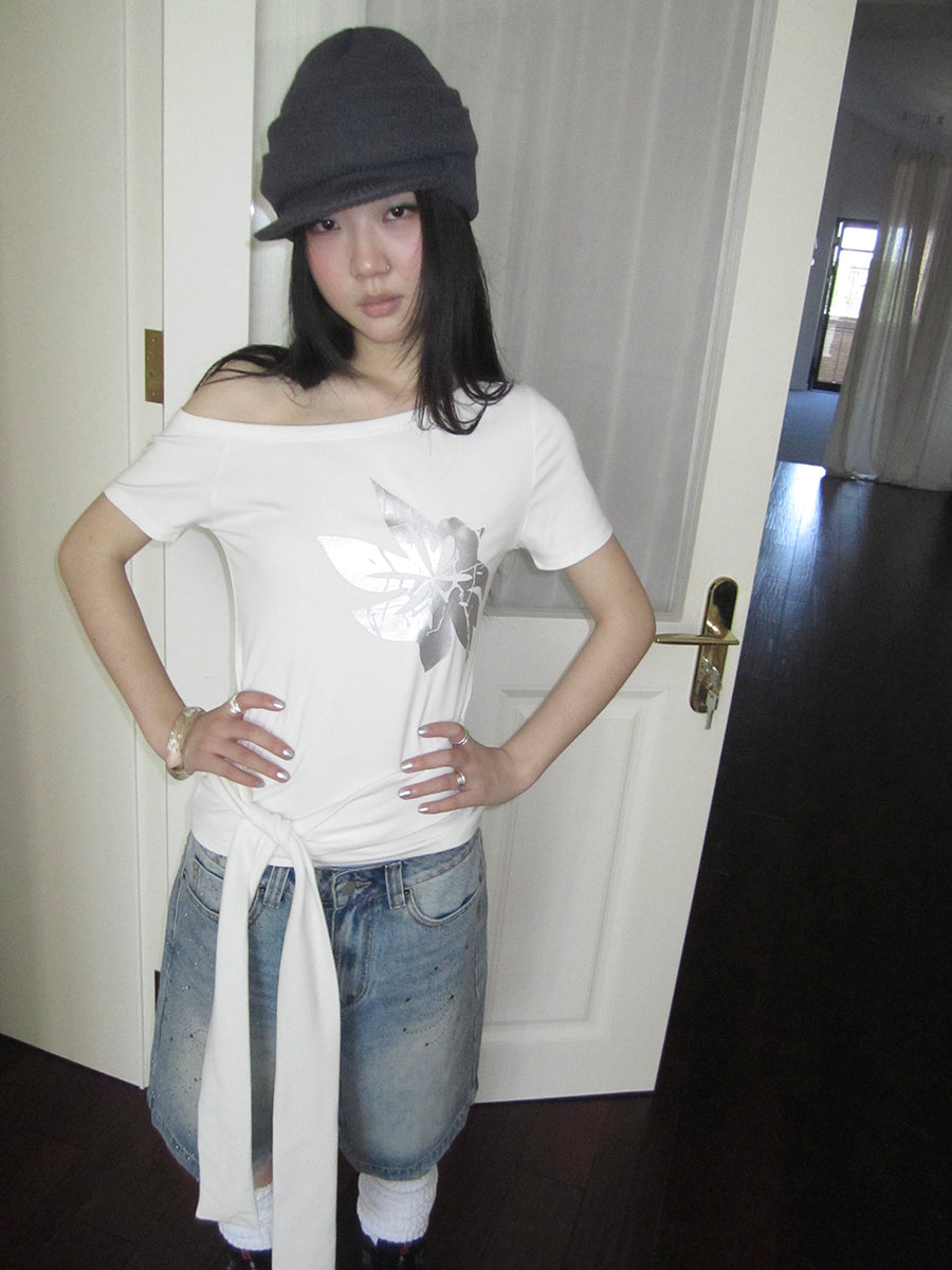Updateang project Vintage Asymmetric Print Waist Tie Stretch Tee
