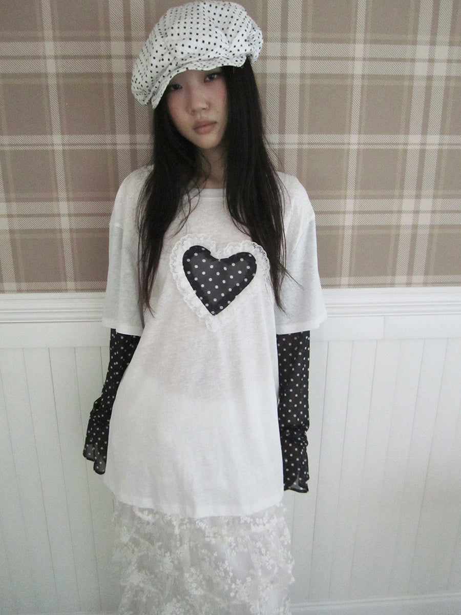 Updateang project Lace Dot Mesh Layered Loose Fit Long Sleeve Tee