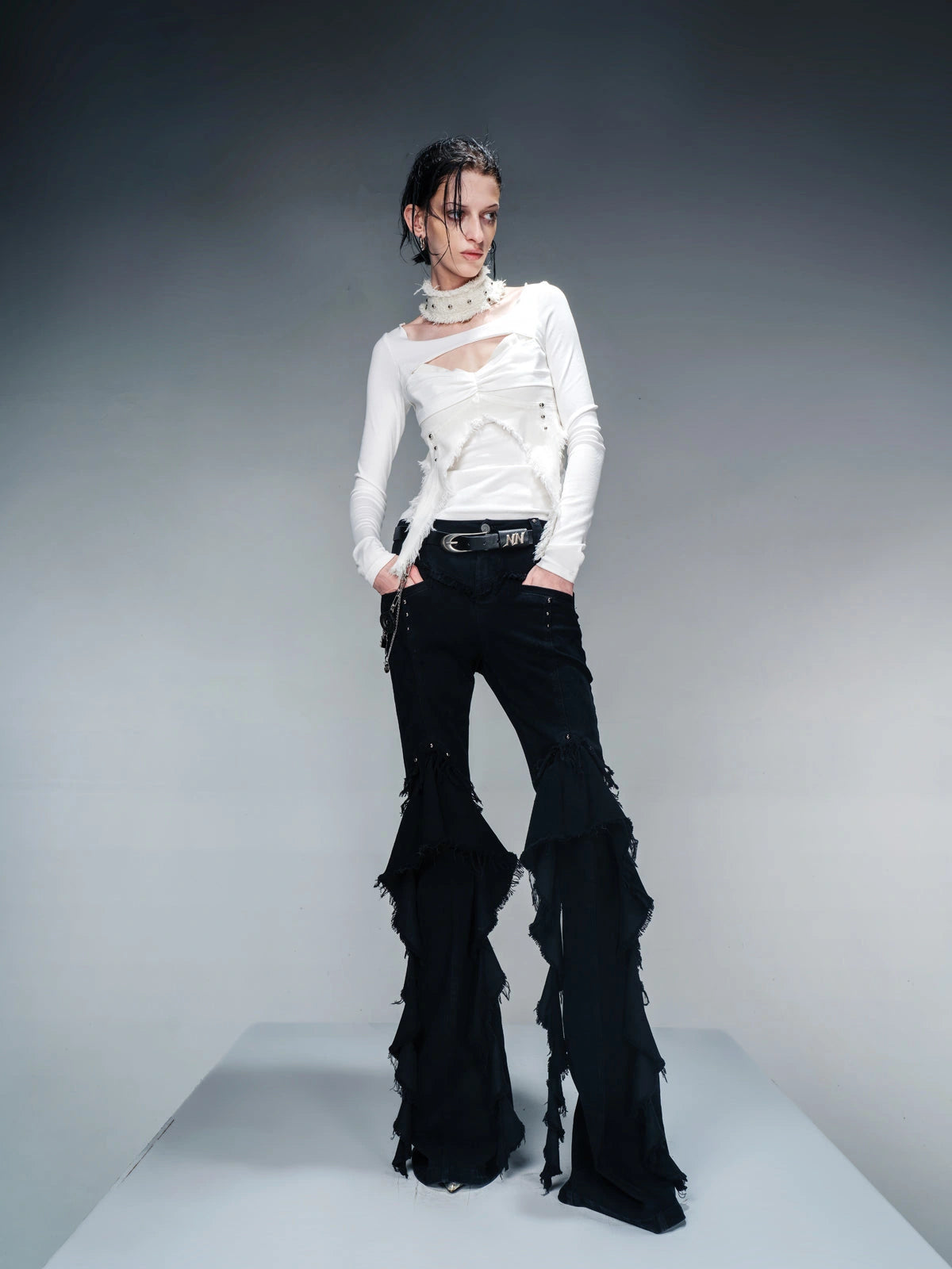 Knit Denim Frayed Edge Layering Top