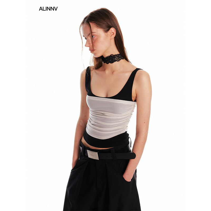 ALINNV STUDIO Pleated Sleeveless Tank Top With Contrast Trim