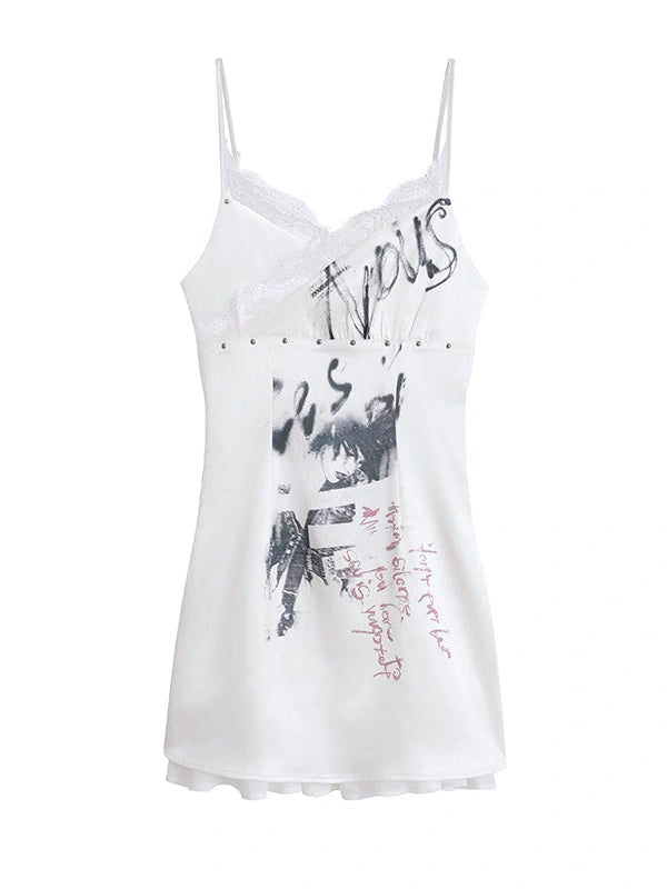 Punk Print Satin Slip Dress With Lace Trim