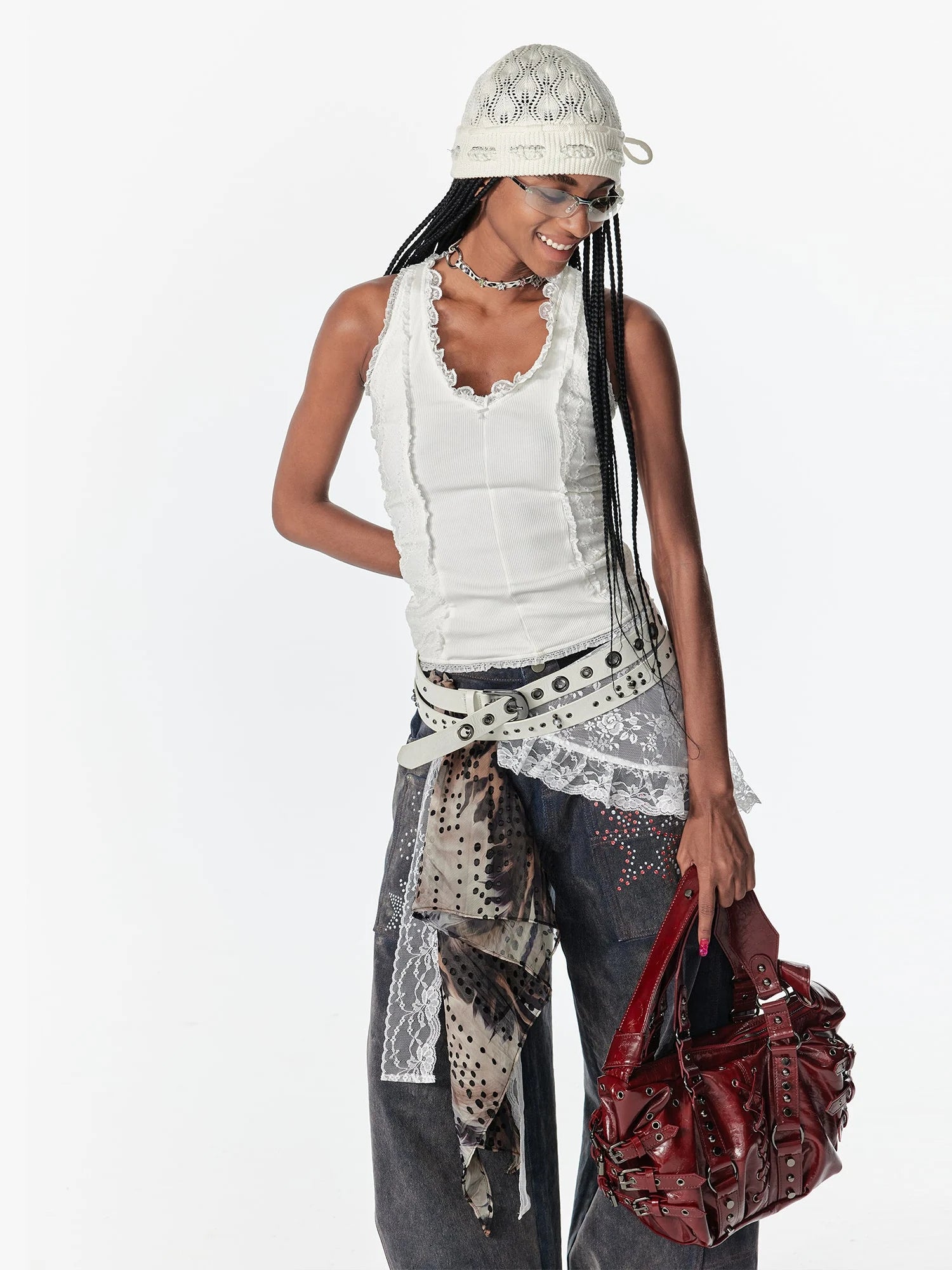 Lace Cutout Glitter Backless Stretch Cami Top