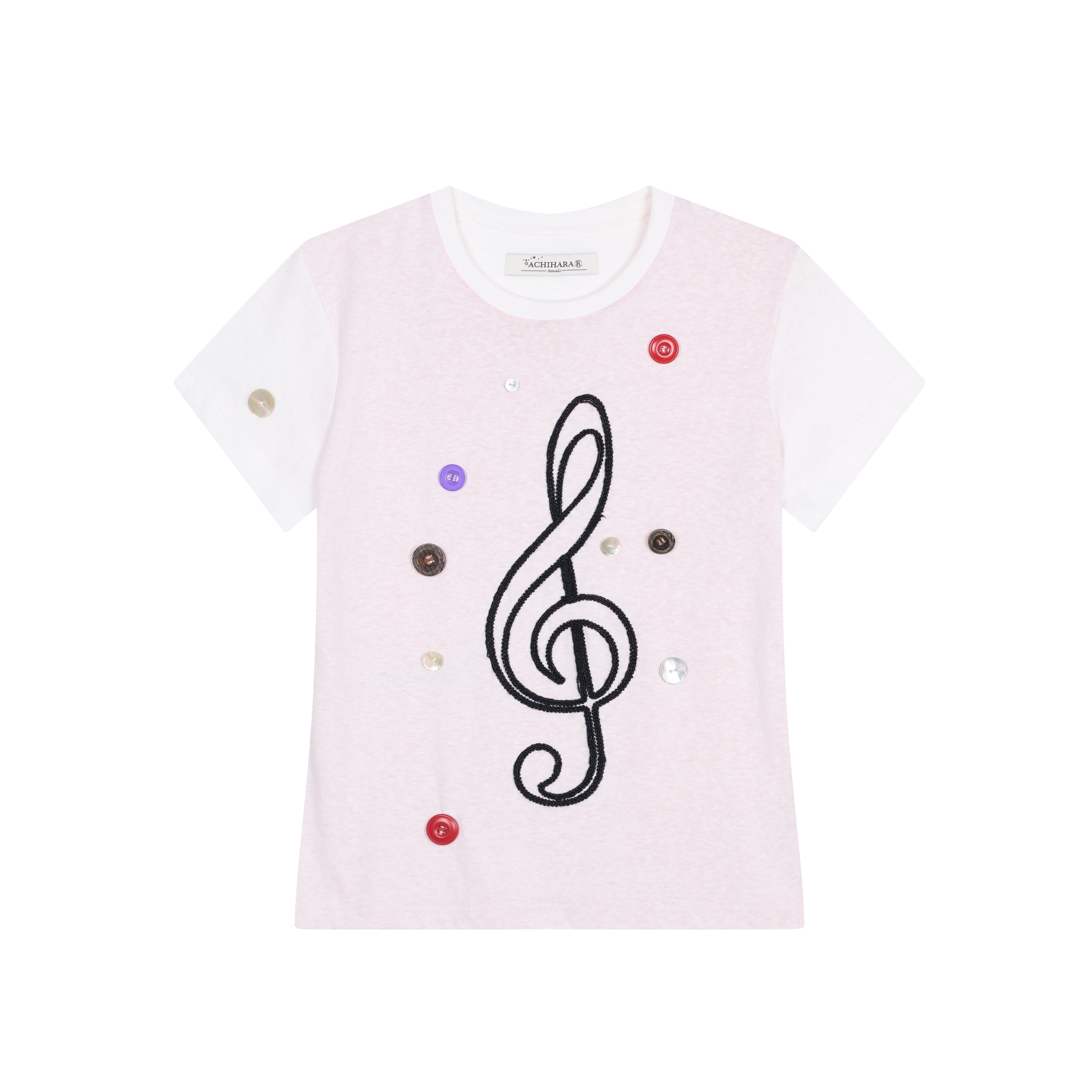 Achihara Music Button Embroidered Tee V Neck T Shirt Long Sleeve
