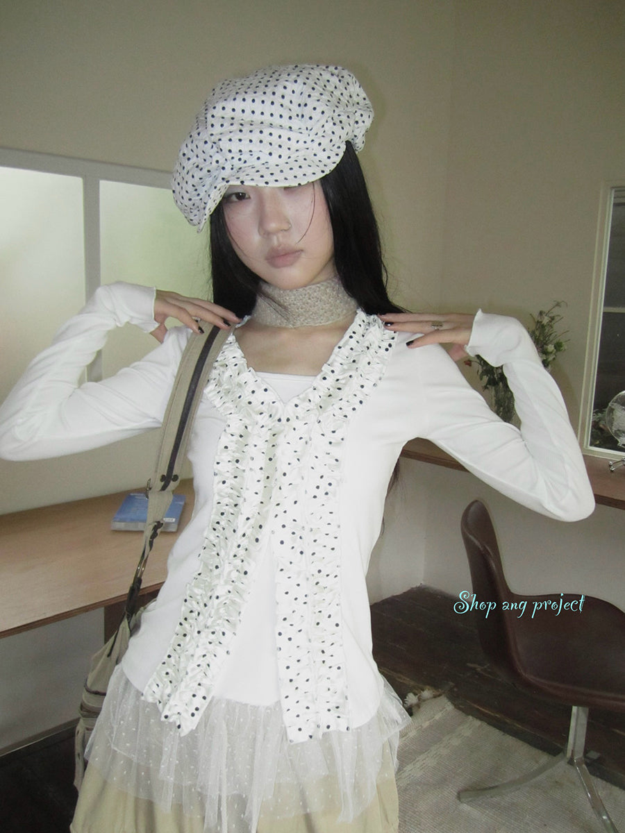 Updateang project Vintage Polka Dot Lace Trim V-Neck Long Sleeve Tee