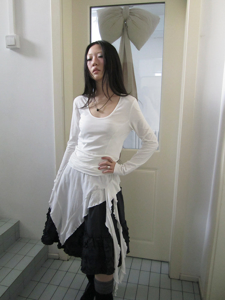 Updateang project Vintage Ruffle Hem Asymmetrical Blouse With Flowy Sash