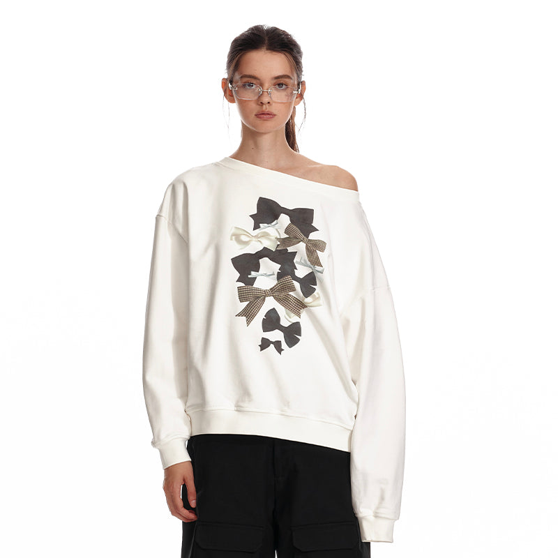 ALINNV STUDIO Off Shoulder Bow Print Slouchy Sweatshirt