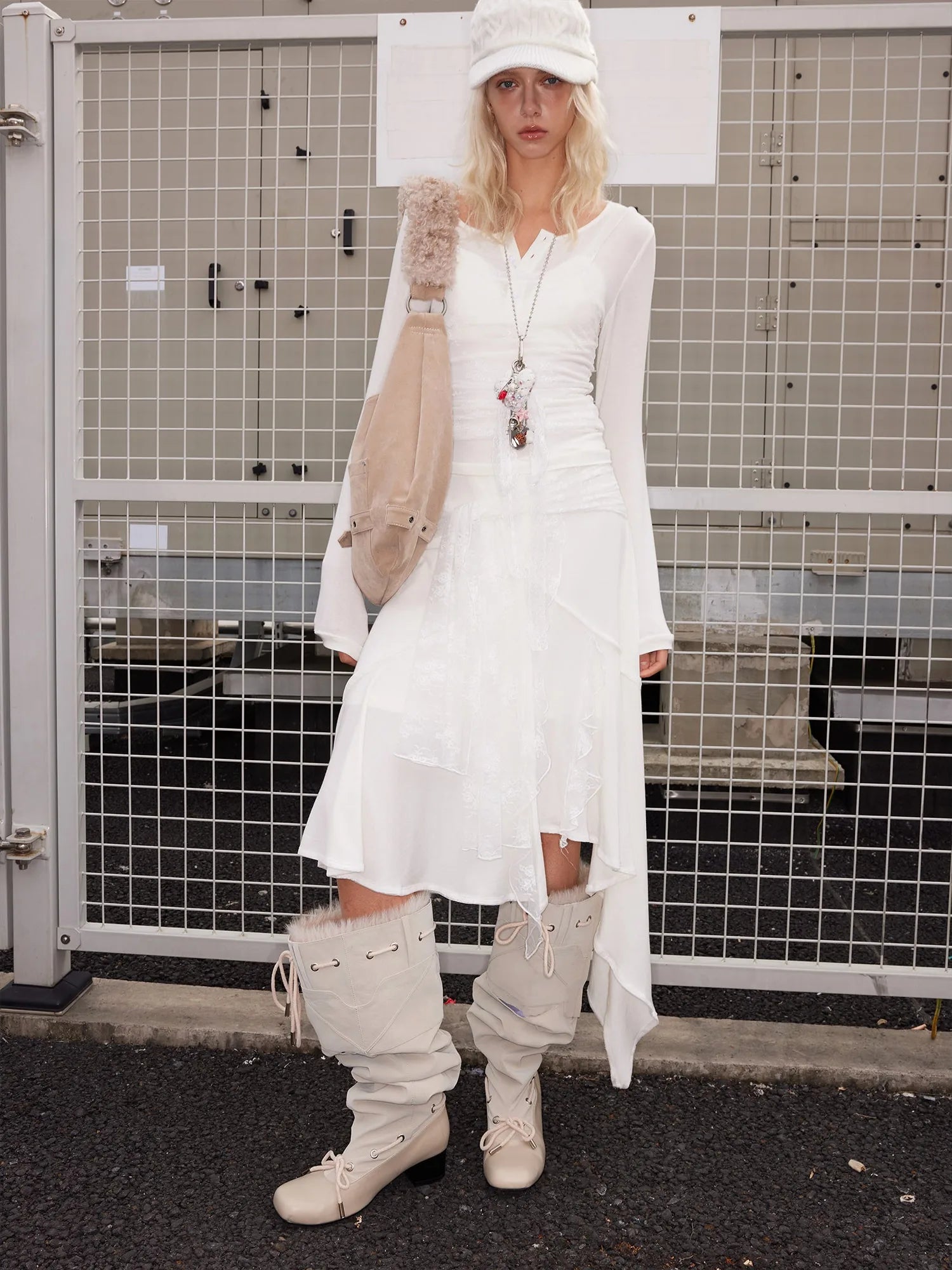 Detachable Faux Fur Collar Stacked Ballet Boots