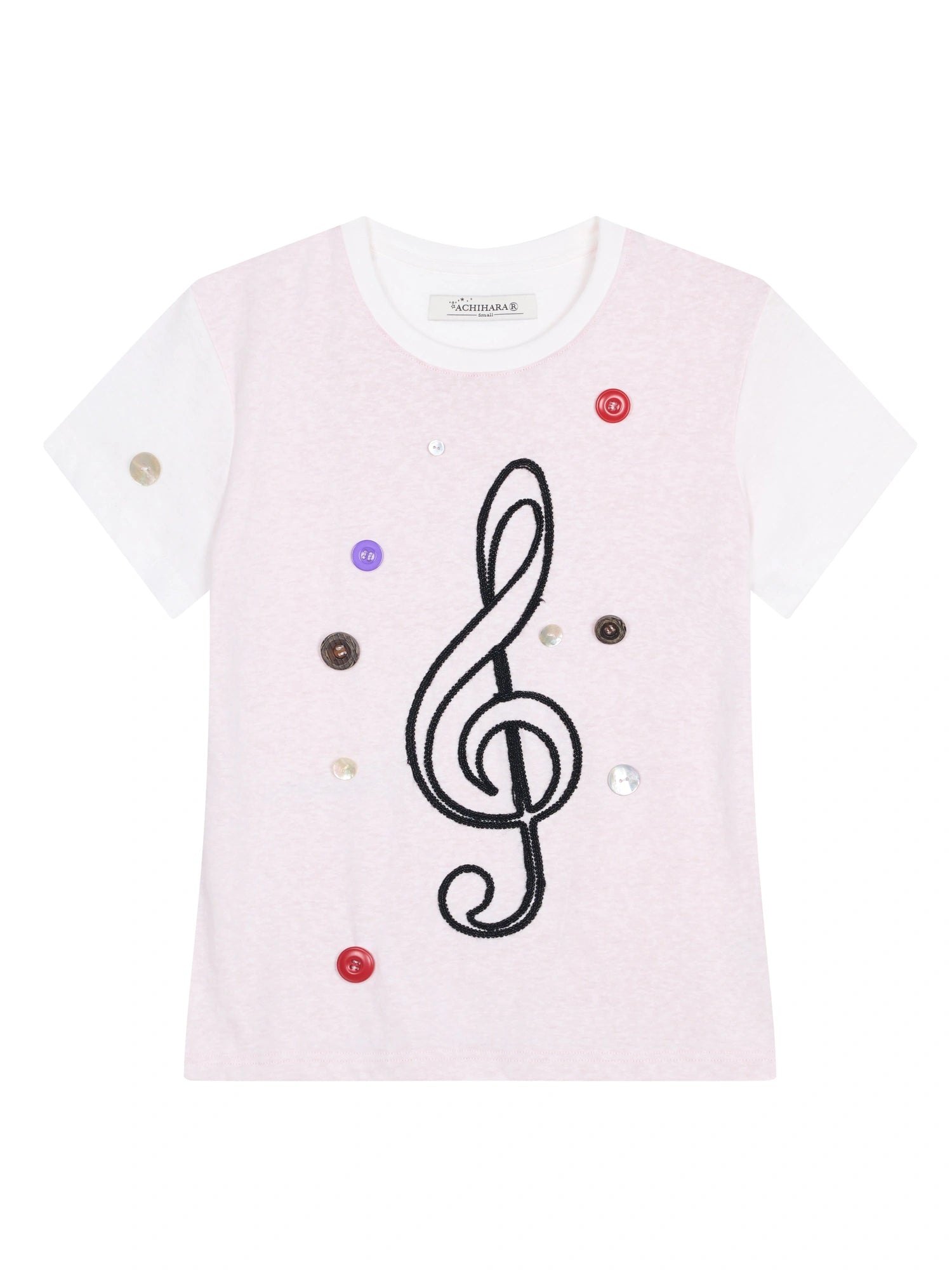 Music Button Embroidered Tee V Neck T Shirt Long Sleeve