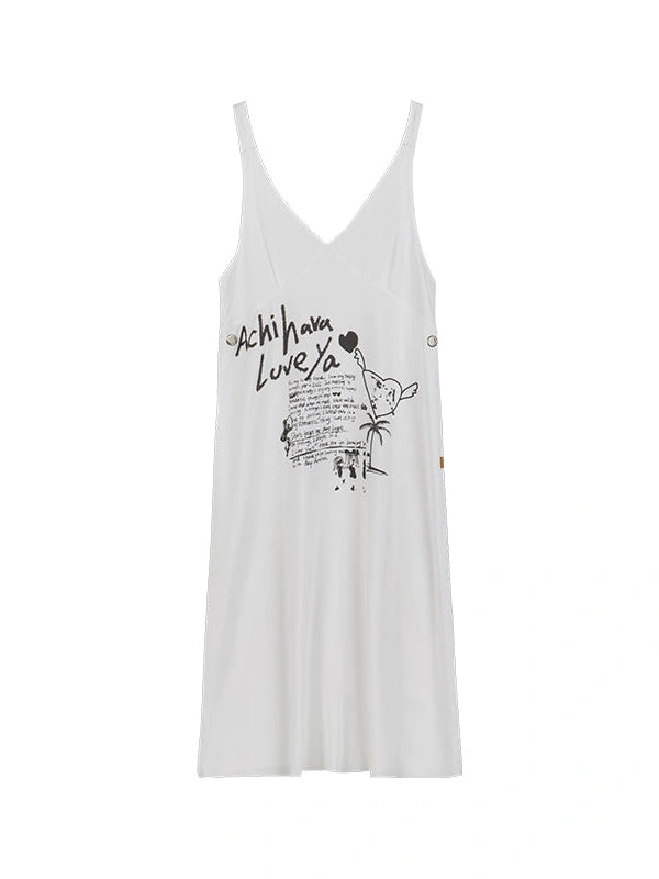 White Floral Print V-Neck Slip Dress Loose Fit Midi