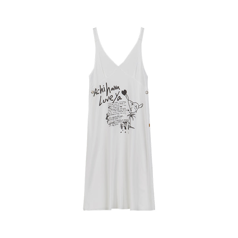 Achihara White Floral Print V-Neck Slip Dress Loose Fit Midi