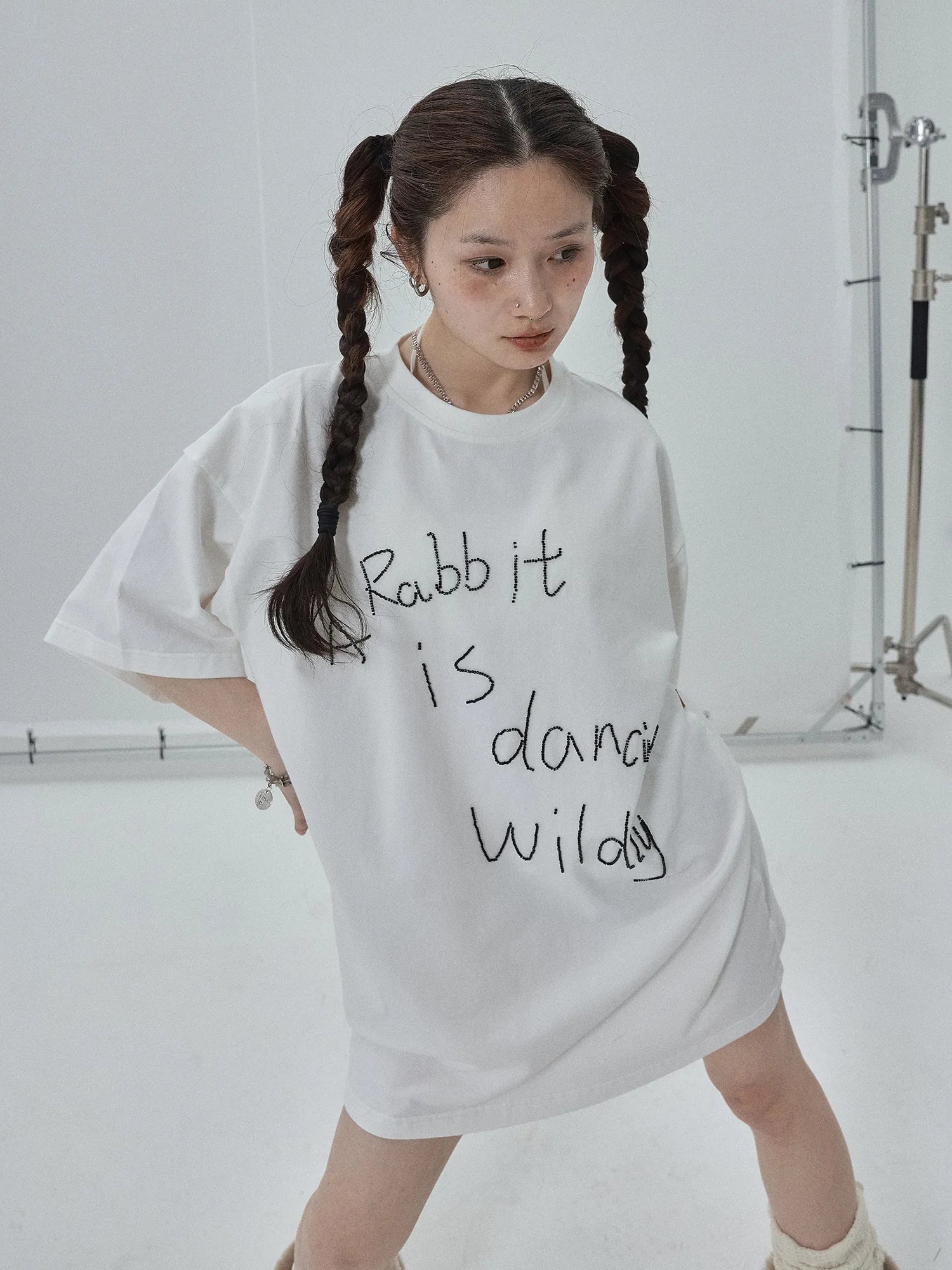 Rabbit Embroidered Cotton Tee with Bead Detail