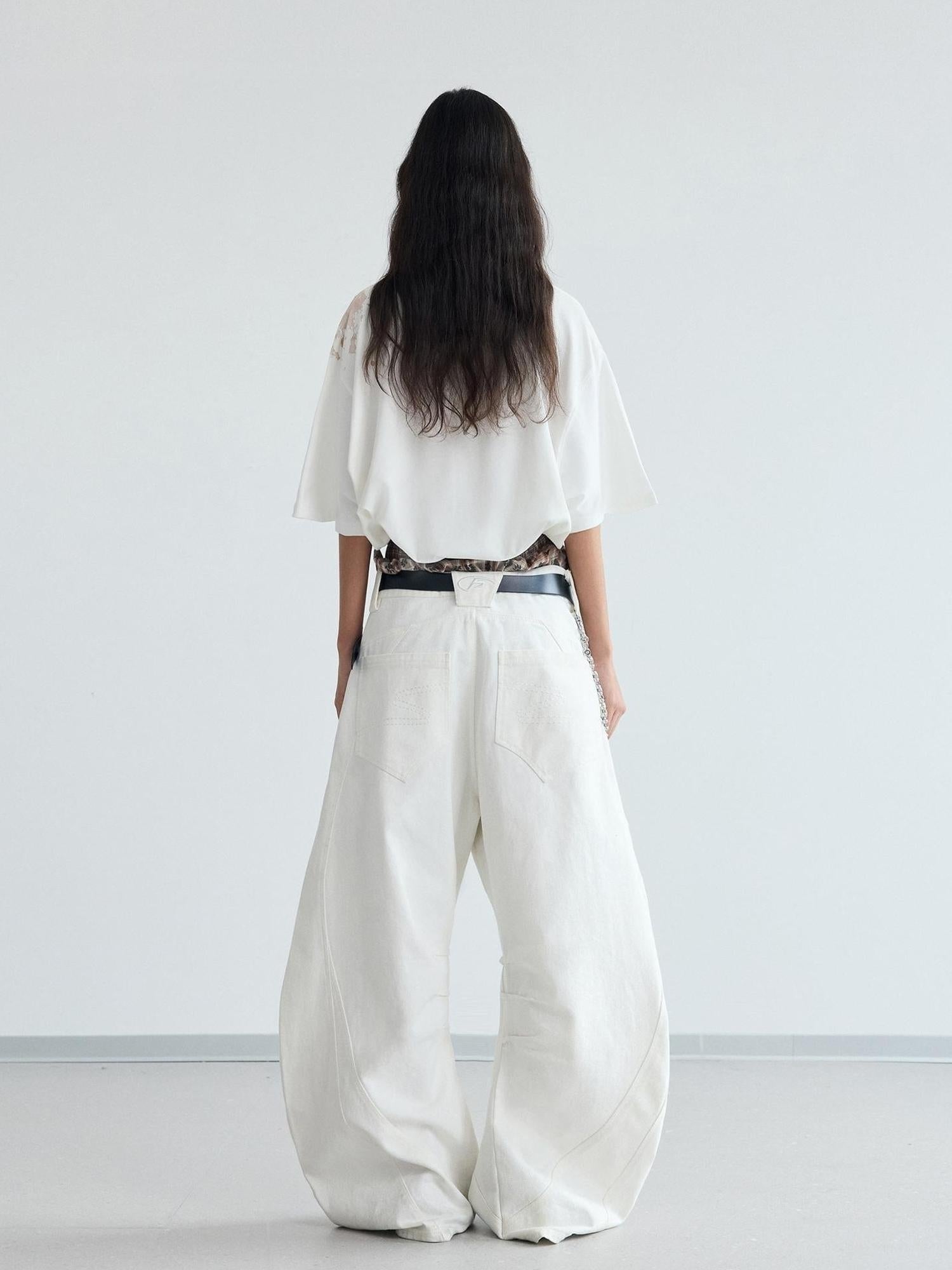 Peoplesense White Pleated Loose Wide Leg Denim Pants