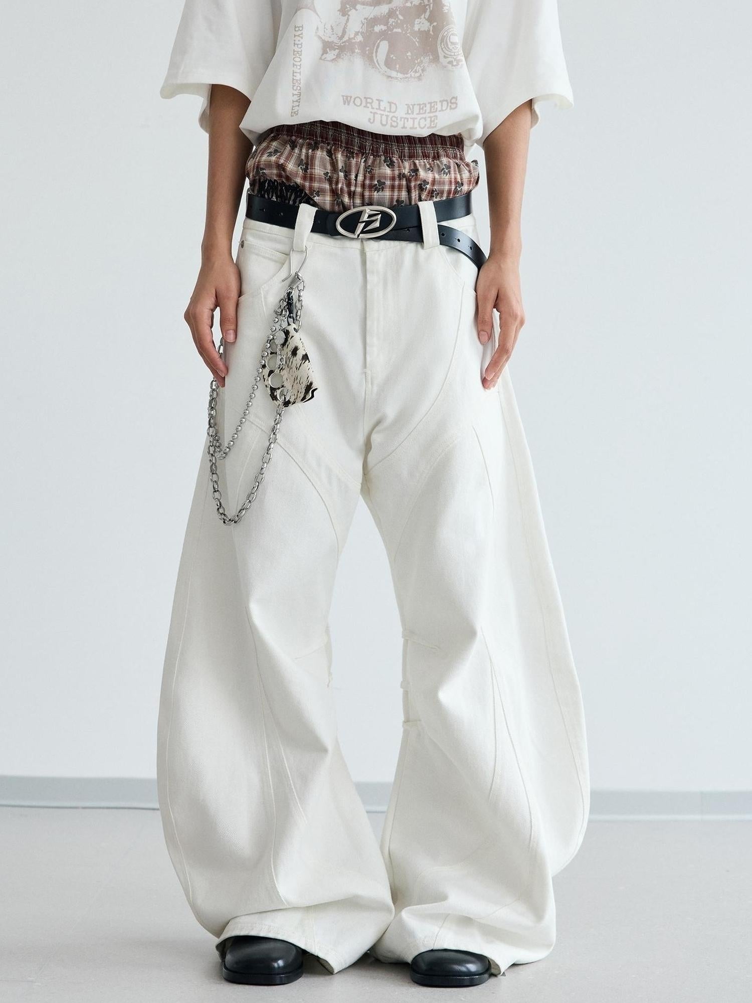 Peoplesense White Pleated Loose Wide Leg Denim Pants