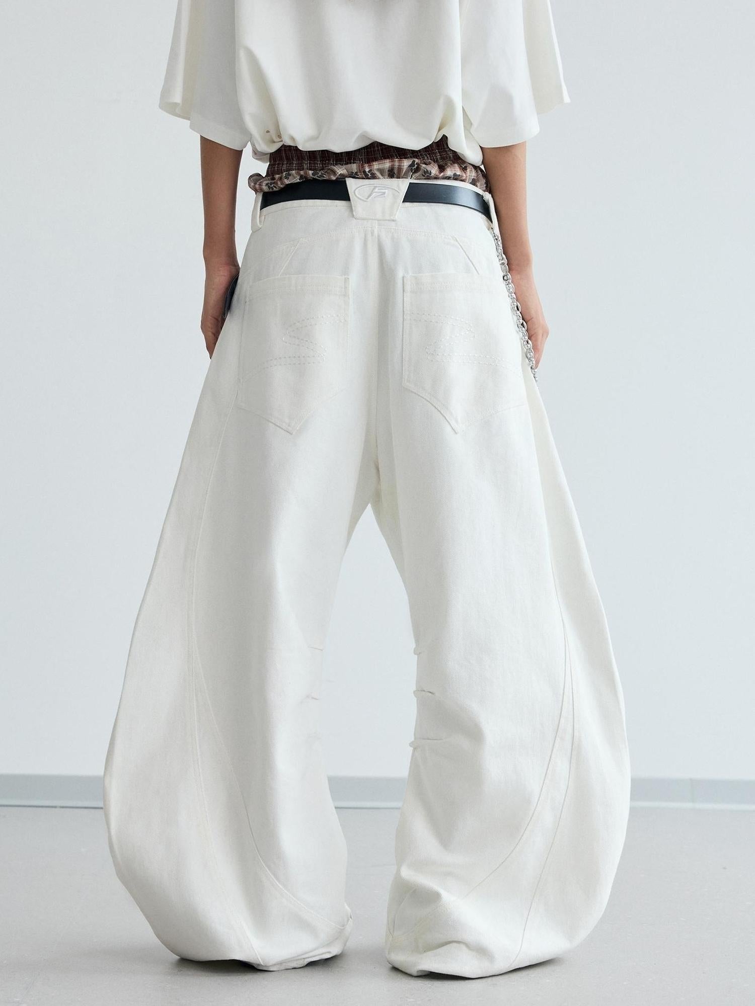 Peoplesense White Pleated Loose Wide Leg Denim Pants