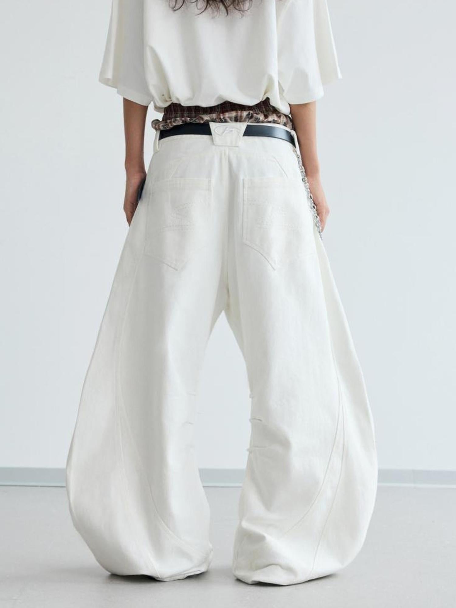Peoplesense White Pleated Loose Wide Leg Denim Pants