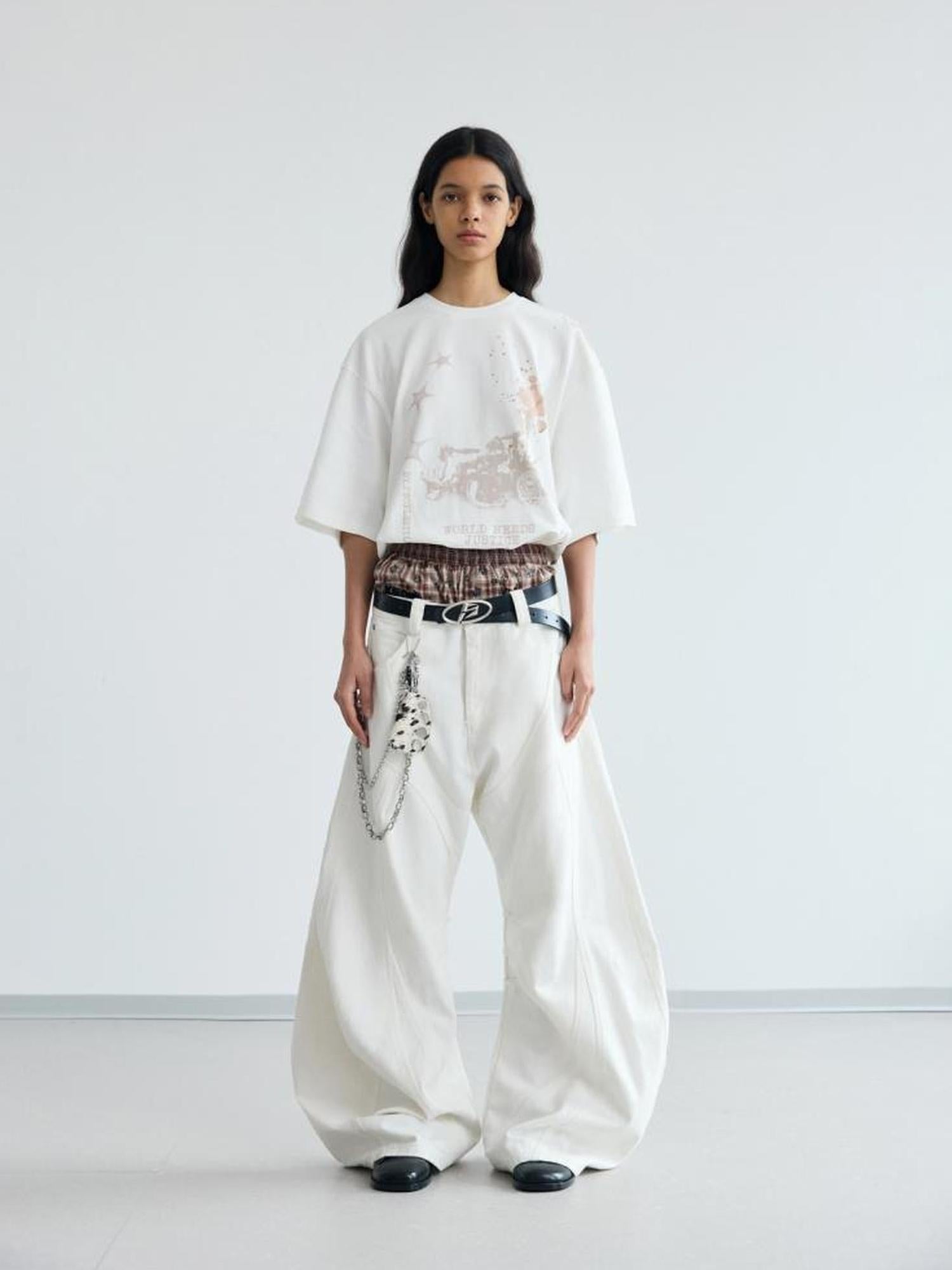 Peoplesense White Pleated Loose Wide Leg Denim Pants