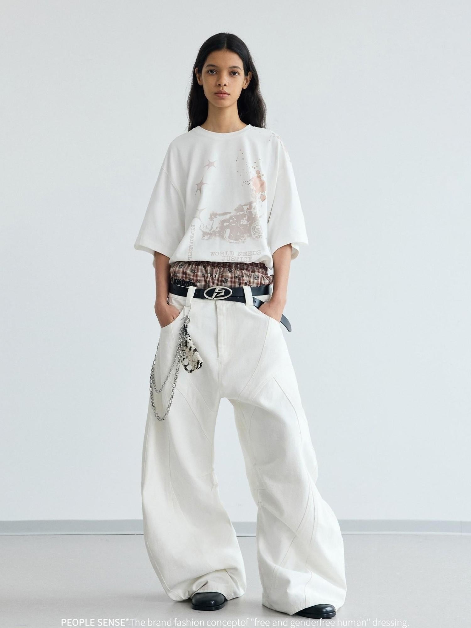 Peoplesense White Pleated Loose Wide Leg Denim Pants