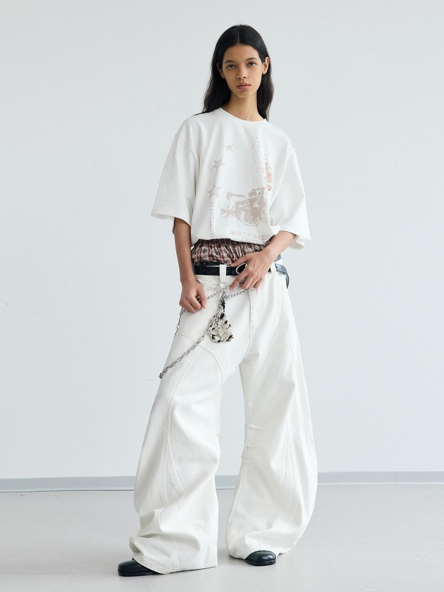 Peoplesense White Pleated Loose Wide Leg Denim Pants