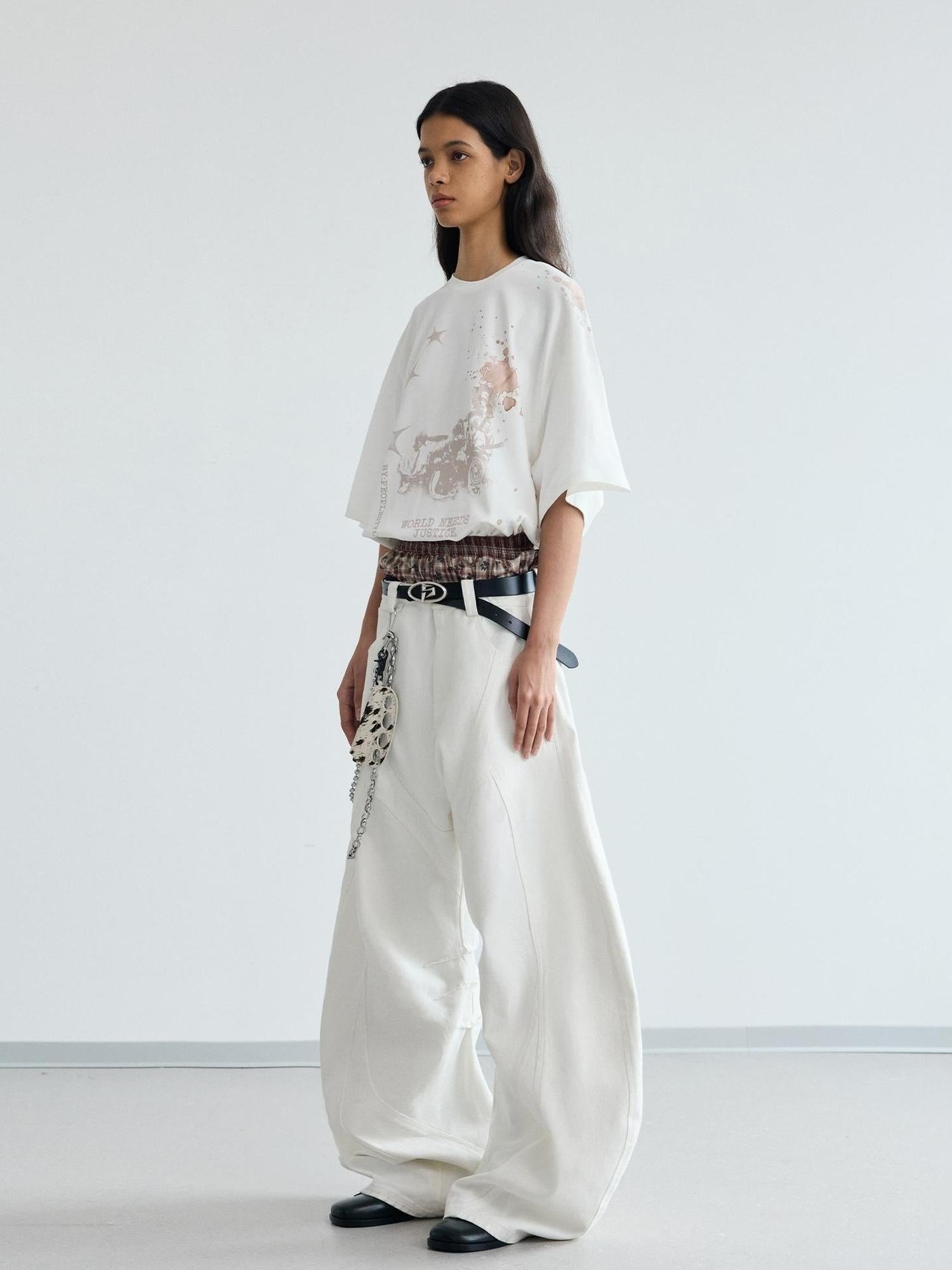 Peoplesense White Pleated Loose Wide Leg Denim Pants