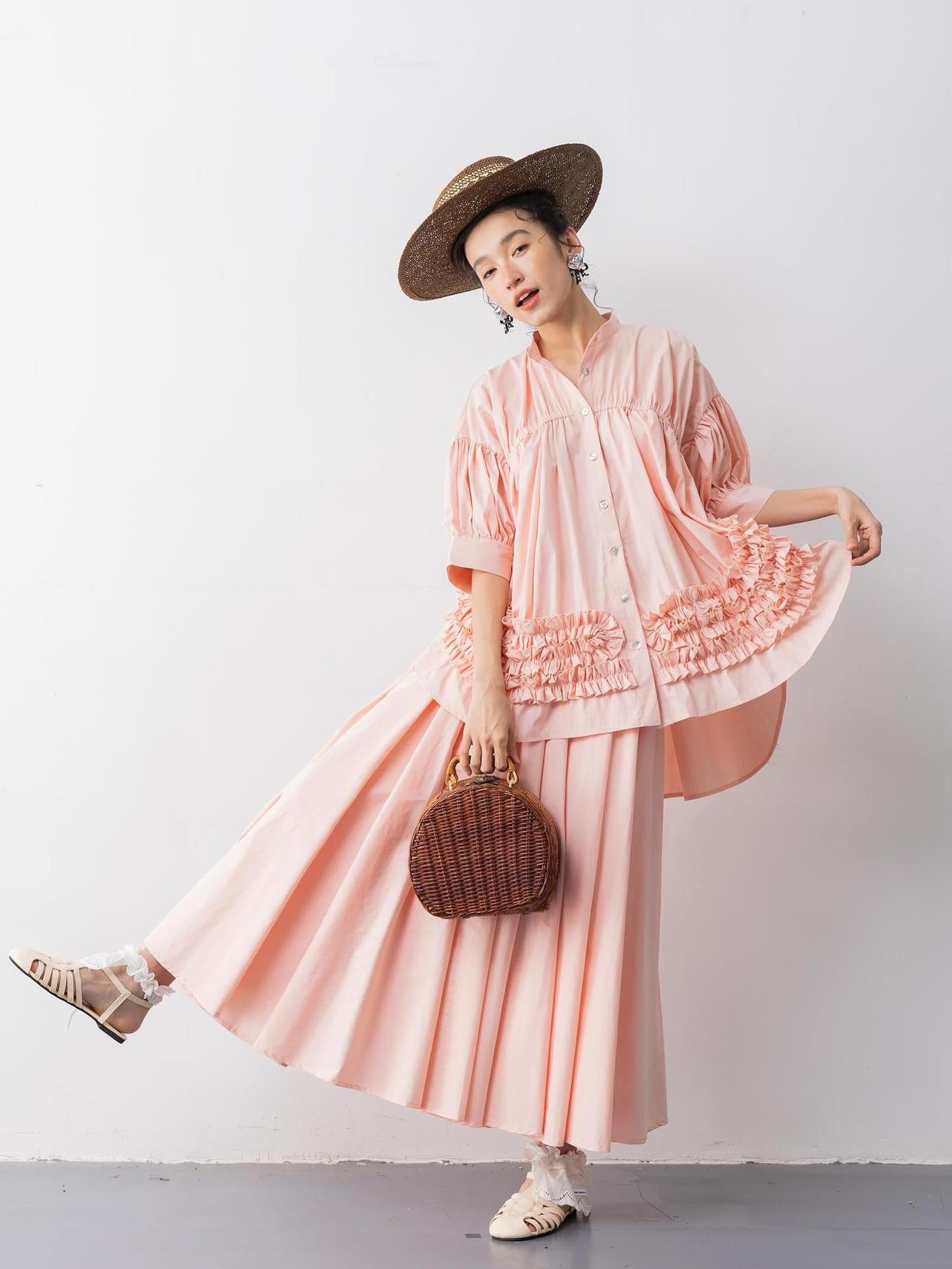 Sweet Mi White Tea Cotton Brocade Ruffle Suit